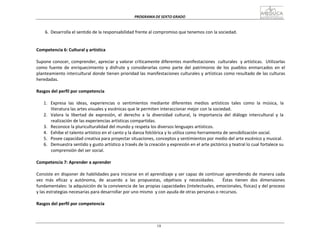 PROGRAMA	
  DE	
  SEXTO	
  GRADO	
  
18
	
  
	
  
	
  
	
  
6.	
   Desarrolla	
  el	
  sentido	
  de	
  la	
  responsabilidad	
  frente	
  al	
  compromiso	
  que	
  tenemos	
  con	
  la	
  sociedad.	
  
	
  
	
  
	
  
Competencia	
  6:	
  Cultural	
  y	
  artística	
  
	
  
Supone	
  conocer,	
  comprender,	
  apreciar	
  y	
  valorar	
  críticamente	
  diferentes	
  manifestaciones	
  	
  culturales	
  	
  y	
  artísticas.	
  	
  Utilizarlas	
  
como	
   fuente	
   de	
   enriquecimiento	
   y	
   disfrute	
   y	
   considerarlas	
   como	
   parte	
   del	
   patrimonio	
   de	
   los	
   pueblos	
   enmarcados	
   en	
   el	
  
planteamiento	
  intercultural	
  donde	
  tienen	
  prioridad	
  las	
  manifestaciones	
  culturales	
  y	
  artísticas	
  como	
  resultado	
  de	
  las	
  culturas	
  
heredadas.	
  
	
  
Rasgos	
  del	
  perfil	
  por	
  competencia	
  
	
  
1.	
  	
  	
  Expresa	
  	
  las	
  	
  ideas,	
  	
  experiencias	
  	
  o	
  	
  sentimientos	
  	
  mediante	
  	
  diferentes	
  	
  medios	
  	
  artísticos	
  	
  tales	
  	
  como	
  	
  la	
  	
  música,	
  	
  la	
  
literatura	
  las	
  artes	
  visuales	
  y	
  escénicas	
  que	
  le	
  permiten	
  interaccionar	
  mejor	
  con	
  la	
  sociedad.	
  
2.	
  	
  	
  Valora	
   la	
   libertad	
   de	
   expresión,	
   el	
   derecho	
   a	
   la	
   diversidad	
   cultural,	
   la	
   importancia	
   del	
   diálogo	
   intercultural	
   y	
   la	
  
realización	
  de	
  las	
  experiencias	
  artísticas	
  compartidas.	
  
3.	
  	
  	
  Reconoce	
  la	
  pluriculturalidad	
  del	
  mundo	
  y	
  respeta	
  los	
  diversos	
  lenguajes	
  artísticos.	
  
4.	
  	
  	
  Exhibe	
  el	
  talento	
  artístico	
  en	
  el	
  canto	
  y	
  la	
  danza	
  folclórica	
  y	
  lo	
  utiliza	
  como	
  herramienta	
  de	
  sensibilización	
  social.	
  
5.	
  	
  	
  Posee	
  capacidad	
  creativa	
  para	
  proyectar	
  situaciones,	
  conceptos	
  y	
  sentimientos	
  por	
  medio	
  del	
  arte	
  escénico	
  y	
  musical.	
  
6.	
  	
  	
  Demuestra	
  sentido	
  y	
  gusto	
  artístico	
  a	
  través	
  de	
  la	
  creación	
  y	
  expresión	
  en	
  el	
  arte	
  pictórico	
  y	
  teatral	
  lo	
  cual	
  fortalece	
  su	
  
comprensión	
  del	
  ser	
  social.	
  
	
  
Competencia	
  7:	
  Aprender	
  a	
  aprender	
  
	
  
Consiste	
  en	
  disponer	
  de	
  habilidades	
  para	
  iniciarse	
  en	
  el	
  aprendizaje	
  y	
  ser	
  capaz	
  de	
  continuar	
  aprendiendo	
  de	
  manera	
  cada	
  
vez	
   más	
   eficaz	
   y	
   autónoma,	
   de	
   acuerdo	
   a	
   las	
   propuestas,	
   objetivos	
   y	
   necesidades.	
   	
   	
   Éstas	
   tienen	
   dos	
   dimensiones	
  
fundamentales:	
  la	
  adquisición	
  de	
  la	
  convivencia	
  de	
  las	
  propias	
  capacidades	
  (intelectuales,	
  emocionales,	
  físicas)	
  y	
  del	
  proceso	
  
y	
  las	
  estrategias	
  necesarias	
  para	
  desarrollar	
  por	
  uno	
  mismo	
  	
  y	
  con	
  ayuda	
  de	
  otras	
  personas	
  o	
  recursos.	
  
	
  
Rasgos	
  del	
  perfil	
  por	
  competencia	
  
 