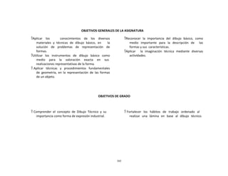 305
	
  
	
  
	
  
	
  
	
  
	
  
OBJETIVOS	
  GENERALES	
  DE	
  LA	
  ASIGNATURA	
  
	
  
Aplicar	
   	
   los	
   	
   	
   	
   	
   	
   conocimientos	
   	
   de	
   	
   los	
   	
   diversos	
  
materiales	
   y	
   técnicas	
   de	
   dibujo	
   básico,	
   en	
   	
   	
   la	
  
solución	
   	
   de	
   	
   problemas	
   	
   de	
   	
   representación	
   	
   de	
  
formas.	
  
Utilizar	
  	
   los	
  	
  instrumentos	
  	
  de	
  	
   dibujo	
  	
  básico	
  	
   como	
  
medio	
  	
  	
  	
   para	
  	
  	
  	
   la	
  	
  	
  	
   valoración	
  	
  	
  	
   exacta	
  	
  	
  	
   en	
  	
  	
  	
   sus	
  
realizaciones	
  representativas	
  de	
  la	
  forma.	
  
 Aplicar	
  	
   técnicas	
  	
   y	
  	
   procedimientos	
  	
   fundamentales	
  
de	
  	
  geometría,	
   en	
   la	
   representación	
   de	
   las	
   formas	
  
de	
  un	
  objeto.	
  
Reconocer	
   la	
   importancia	
   del	
   dibujo	
   básico,	
   como	
  
medio	
  	
   importante	
  	
   para	
  	
   la	
  	
   descripción	
  	
   de	
  	
  	
  	
  	
   las	
  
formas	
  y	
  sus	
  	
  características.	
  
Aplicar	
   	
   la	
   imaginación	
   técnica	
   mediante	
   diversas	
  
actividades.	
  
	
  
	
  
	
  
	
  
	
  
OBJETIVOS	
  DE	
  GRADO	
  
	
  
	
  
	
  
	
  
 Comprender	
  	
  el	
  	
  concepto	
  	
  de	
  	
  Dibujo	
  	
  Técnico	
  	
  y	
  	
  su	
  
importancia	
  como	
  forma	
  de	
  expresión	
  industrial.	
  
 Fortalecer	
  	
  	
  los	
  	
  	
  hábitos	
  	
  	
  de	
  	
  	
  trabajo	
  	
  	
  ordenado	
  	
  	
  al	
  
realizar	
  	
   una	
  	
   lámina	
  	
   en	
  	
   base	
  	
   al	
  	
   dibujo	
  	
   técnico.	
  
 