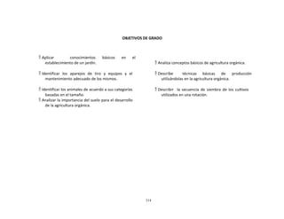 314
	
  
	
  
	
  
	
  
	
  
	
  
OBJETIVOS	
  DE	
  GRADO	
  
	
  
	
  
	
  
	
  
 Aplicar	
   conocimientos	
   básicos	
   en	
   el	
  
establecimiento	
  de	
  un	
  jardín.	
  
	
  
 Identificar	
  	
   los	
  	
   aparejos	
  	
   de	
  	
   tiro	
  	
   y	
  	
   equipos	
  	
   y	
  	
   el	
  
mantenimiento	
  adecuado	
  de	
  los	
  mismos.	
  
	
  
 Identificar	
  los	
  animales	
  de	
  acuerdo	
  a	
  sus	
  categorías	
  
basadas	
  en	
  el	
  tamaño.	
  
 Analizar	
  la	
  importancia	
  del	
  suelo	
  para	
  el	
  desarrollo	
  
de	
  la	
  agricultura	
  orgánica.	
  
	
  
	
  
 Analiza	
  conceptos	
  básicos	
  de	
  agricultura	
  orgánica.	
  
	
  
 Describe	
   técnicas	
   básicas	
   de	
   producción	
  
utilizándolas	
  en	
  la	
  agricultura	
  orgánica.	
  
	
  
 Describir	
  	
  	
  la	
   secuencia	
   de	
   siembra	
   de	
   los	
   cultivos	
  
utilizados	
  en	
  una	
  rotación.	
  
 