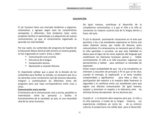 35
PROGRAMA	
  DE	
  SEXTO	
  GRADO	
  
	
  
	
  
	
  
	
  
	
  
	
  
DESCRIPCIÓN	
  
	
  
	
  
El	
   ser	
   humano	
   tiene	
   una	
   marcada	
   tendencia	
   a	
   organizar,	
  
sistematizar,	
   y	
   agrupar	
   según	
   sean	
   las	
   características	
  
semejantes	
   o	
   diferentes.	
   Esta	
   tendencia	
   tiene	
   como	
  
propósito	
  facilitar	
  el	
  aprendizaje	
  y	
  la	
  adquisición	
  de	
  nuevos	
  
conocimientos;	
   ya	
   que,	
   el	
   conocimiento	
   organizado	
   se	
  
aprende	
  con	
  más	
  facilidad.	
  
	
  
Por	
  esa	
  razón,	
  los	
  contenidos	
  del	
  programa	
  de	
  Español	
  de	
  
la	
  Educación	
  Básica	
  General	
  (del	
  primero	
  al	
  noveno	
  grado),	
  
se	
  han	
  organizado	
  en	
  cuatro	
   áreas,	
  a	
  saber:	
  
• Comunicación	
  oral	
  y	
  escrita.	
  
• Estructura	
  de	
  la	
  lengua	
  
• Comprensión	
  lectora.	
  
• Apreciación	
  y	
  creación	
  literaria.	
  
	
  
Es	
   importante	
   señalar	
   que	
   a	
   pesar	
   de	
   la	
   división	
   de	
   los	
  
contenidos	
  para	
  facilitar	
  su	
  estudio,	
  es	
  necesario	
  que	
  los	
  y	
  
las	
  docentes	
  como	
  conductores	
  (as)	
  del	
  proceso	
  educativo,	
  
integren	
   	
   y	
   	
   contextualicen	
   	
   las	
   	
   diferentes	
   	
   áreas	
   	
   del	
  
programa	
   para	
   que	
   haya	
   correspondencia	
   entre	
   unas	
   y	
  
otras.	
  
Comunicación	
  oral	
  y	
  escrita:	
  
El	
  fenómeno	
  de	
  la	
  comunicación	
  oral	
  y	
  escrita,	
  posibilita	
  la	
  
interrelación	
   	
   entre	
   las	
   	
   personas	
   	
   y	
   	
   facilita	
   	
   el	
  
funcionamiento	
  de	
  la	
  sociedad;	
  ya	
  que,	
   es	
  una	
  necesidad	
  
vital	
  de	
  los	
  seres	
  humanos.	
  
De	
   	
   igual	
   	
   manera,	
   	
   contribuye	
   	
   al	
   	
   desarrollo	
   	
   de	
   	
   la	
  
competencia	
   comunicativa,	
   y	
   a	
   que	
   el	
   niño	
   y	
   la	
   niña	
   se	
  
conviertan	
  en	
  mejores	
  usuarios	
  (as)	
  de	
  la	
  lengua	
  dentro	
  y	
  
fuera	
   del	
  aula.	
  
	
  
El	
  y/o	
  la	
  docente	
  	
   promoverán	
  situaciones	
  en	
  el	
  aula	
   que	
  
permitan	
  a	
  los	
  y	
  las	
  estudiantes	
  expresarse	
  en	
  forma	
  oral	
  
sobre	
   distintos	
   temas,	
   por	
   medio	
   de	
   diversos	
   actos	
  
comunicativos.	
  En	
  consecuencia,	
  es	
  necesario	
  que	
  el	
  niño	
  y	
  
la	
  	
  niña	
  	
  aprendan	
  	
  a	
  	
  escuchar,	
  	
  ya	
  	
  que	
  	
  esta	
  	
  habilidad	
  	
  es	
  
básica	
  para	
  el	
  logro	
  de	
  los	
  otros	
  aspectos	
  del	
  lenguaje	
  que	
  
condicionan	
   las	
   relaciones	
   humanas:	
   pensar	
   y	
   	
   	
   hablar	
  
correctamente.	
   El	
   niño	
   y	
   la	
   niña	
   escuchan,	
   organizan	
   sus	
  
pensamientos	
   y	
   hablan	
   	
   	
   para	
   satisfacer	
   la	
   necesidad	
   de	
  
expresión.	
  
Existe	
  mayor	
  probabilidad	
  de	
  que	
  	
   los	
  y	
  las	
  estudiantes	
  se	
  
interesen	
  y	
  escuchen	
  de	
  principio	
  a	
  fin	
  lo	
  que	
  se	
  les	
  dice,	
  
cuando	
   el	
   mensaje,	
   la	
   explicación	
   o	
   el	
   tema	
   resulten	
  
comprensibles	
   y	
   significativos	
   	
   	
   para	
   ellos	
   y	
   ellas.	
   La	
  
participación	
   del	
   maestro	
   o	
   la	
   maestra	
   debe	
   favorecer	
   la	
  
seguridad	
   y	
   la	
   confianza	
   entre	
   sus	
   estudiantes	
   para	
   que	
  
logren	
  	
  	
  una	
  	
  	
  efectiva	
  	
  	
  comunicación.	
  	
  	
  De	
  	
  	
  igual	
  	
  	
  manera,	
  
aceptar	
   y	
   promover	
   el	
   respeto	
   y	
   la	
   tolerancia	
   ante	
   	
   	
   las	
  
distintas	
  formas	
  de	
  expresión	
   de	
  sus	
  alumnos	
  (as).	
  
	
  
Cuando	
  el	
  	
  	
   o	
  la	
  docente	
  abre	
  espacios	
  para	
  que	
  	
  el	
  niño	
  y	
  
la	
   niña	
   expresen,	
   a	
   través	
   de	
   su	
   lengua	
   	
   	
   materna,	
   	
   	
   sus	
  
experiencias	
   cotidianas	
   así	
   como	
   las	
   	
   	
   de	
   su	
   entorno	
  
cultural,	
  le	
  proporciona	
  una	
  sólida	
  base	
  	
  para	
  el	
  desarrollo	
  
 