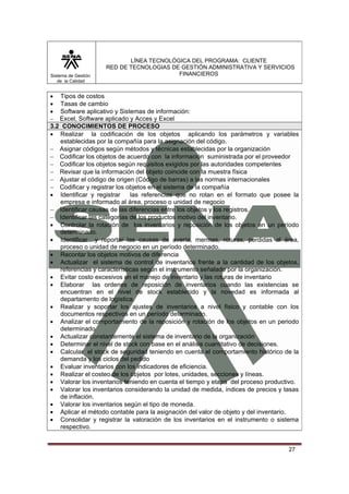 LÍNEA TECNOLÓGICA DEL PROGRAMA: CLIENTE
                     RED DE TECNOLOGIAS DE GESTIÓN ADMINISTRATIVA Y SERVICIOS
Sistema de Gestión                        FINANCIEROS
   de la Calidad


•  Tipos de costos
•  Tasas de cambio
•  Software aplicativo y Sistemas de información:
− Excel, Software aplicado y Acces y Excel
3.2 CONOCIMIENTOS DE PROCESO
• Realizar la codificación de los objetos aplicando los parámetros y variables
   establecidas por la compañía para la asignación del código.
− Asignar códigos según métodos y técnicas establecidas por la organización
− Codificar los objetos de acuerdo con la información suministrada por el proveedor
− Codificar los objetos según requisitos exigidos por las autoridades competentes
− Revisar que la información del objeto coincide con la muestra física
− Ajustar el código de origen (Código de barras) a las normas internacionales
− Codificar y registrar los objetos en el sistema de la compañía
• Identificar y registrar    las referencias que no rotan en el formato que posee la
   empresa e informado al área, proceso o unidad de negocio
− Identificar causas de las diferencias entre los objetos y los registros.
− Identificar las categorías de los productos motivo del inventario.
• Controlar la rotación de los inventarios y reposición de los objetos en un período
   determinado.
• Identificar y reportar las causas de avería, mermas, roturas, perdidas al área,
   proceso o unidad de negocio en un período determinado.
• Recontar los objetos motivos de diferencia
• Actualizar el sistema de control de inventarios frente a la cantidad de los objetos,
   referencias y características según el instrumento señalado por la organización.
• Evitar costo excesivos en el manejo de inventario y las roturas de inventario
• Elaborar las ordenes de reposición de inventarios cuando las existencias se
   encuentran en el nivel de stock establecido y la novedad es informada al
   departamento de logística.
• Realizar y soportar los ajustes de inventarios a nivel físico y contable con los
   documentos respectivos en un período determinado.
• Analizar el comportamiento de la reposición y rotación de los objetos en un periodo
   determinado
• Actualizar constantemente el sistema de inventario de la organización
• Determinar el nivel de stock con base en el análisis cuantitativo de decisiones.
• Calcular el stock de seguridad teniendo en cuenta el comportamiento histórico de la
   demanda y los ciclos del pedido
• Evaluar inventarios con los indicadores de eficiencia.
• Realizar el costeo de los objetos por lotes, unidades, secciones y líneas.
• Valorar los inventarios teniendo en cuenta el tiempo y etapa del proceso productivo.
• Valorar los inventarios considerando la unidad de medida, índices de precios y tasas
   de inflación.
• Valorar los inventarios según el tipo de moneda.
• Aplicar el método contable para la asignación del valor de objeto y del inventario.
• Consolidar y registrar la valoración de los inventarios en el instrumento o sistema
   respectivo.


                                                                                  27
 