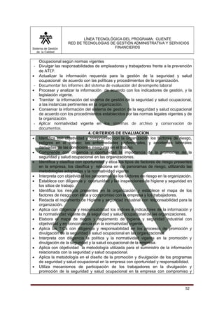 LÍNEA TECNOLÓGICA DEL PROGRAMA: CLIENTE
                     RED DE TECNOLOGIAS DE GESTIÓN ADMINISTRATIVA Y SERVICIOS
Sistema de Gestión                        FINANCIEROS
   de la Calidad


   Ocupacional según normas vigentes
 - Divulgar las responsabilidades de empleadores y trabajadores frente a la prevención
   de ATEP.
• Actualizar la información requerida para la gestión de la seguridad y salud
   ocupacional de acuerdo con las políticas y procedimientos de la organización.
 - Documentar los informes del sistema de evaluación del desempeño laboral
• Procesar y analizar la información de acuerdo con los indicadores de gestión, y la
   legislación vigente.
• Tramitar la información del sistema de gestión de la seguridad y salud ocupacional,
   a las instancias pertinentes en la organización.
• Conservar la información del sistema de gestión de la seguridad y salud ocupacional
   de acuerdo con los procedimientos establecidos por las normas legales vigentes y de
   la organización.
 - Aplicar normatividad vigente en los sistemas de archivo y conservación de
   documentos.
                                4. CRITERIOS DE EVALUACION
• Identifica con objetividad y compromiso con la organización los factores de riesgo,
   peligros en el trabajo; las enfermedades profesionales, y accidentes laborales
   derivadas de las condiciones inseguras en el trabajo.
• Comprende con diligencia y oportunidad la importancia de la promoción de la
   seguridad y salud ocupacional en las organizaciones.
• Identifica y clasifica con oportunidad y ética los tipos de factores de riesgo presentes
   en la empresa, los clasifica y relaciona en los panoramas de riesgo, utilizando las
   metodologías adoptadas y la normatividad vigente
• Interpreta con objetividad los panoramas de los factores de riesgo en la organización.
• Establece con diligencia y oportunidad y las inspecciones de higiene y seguridad en
   los sitios de trabajo.
• Identifica los riesgos presentes en la organización y establece el mapa de los
   factores de riesgo con ética y compromiso con la empresa y los trabajadores.
• Redacta el reglamento de Higiene y seguridad industrial con responsabilidad para la
   organización.
• Aplica con diligencia y responsabilidad los índices e indicadores de la información y
   la normatividad vigente de la seguridad y salud ocupacional de las organizaciones.
• Elabora el mapa de riegos y reglamento de higiene y seguridad industrial con
   objetividad y en concordancia con la normatividad vigente.
• Aplica las TICs con diligencia y responsabilidad en los procesos de promoción y
   divulgación de la seguridad y salud ocupacional en las organizaciones
• Interpreta con diligencia la política y la normatividad vigente en la promoción y
   divulgación de la seguridad y la salud ocupacional de la empresa.
• Aplica con objetividad la metodología utilizada para el suministro de la información
   relacionada con la seguridad y salud ocupacional.
• Aplica la metodología en el diseño de la promoción y divulgación de los programas
   de seguridad y salud ocupacional en la empresa con oportunidad y responsabilidad.
• Utiliza mecanismos de participación de los trabajadores en la divulgación y
   promoción de la seguridad y salud ocupacional en la empresa con compromiso y



                                                                                      52
 