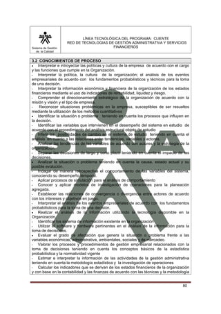 LÍNEA TECNOLÓGICA DEL PROGRAMA: CLIENTE
                     RED DE TECNOLOGIAS DE GESTIÓN ADMINISTRATIVA Y SERVICIOS
Sistema de Gestión                        FINANCIEROS
   de la Calidad


3.2 CONOCIMIENTOS DE PROCESO
• Interpretar e introyectar las políticas y cultura de la empresa de acuerdo con el cargo
y las funciones que cumple en la Organización.
-   Interpretar la política, la cultura de la organización; el análisis de los eventos
empresariales de acuerdo con los fundamentos probabilísticos y técnicos para la toma
de una decisión.
-   Interpretar la información económica y financiera de la organización de los estados
financieros mediante el uso de indicadores de rentabilidad, liquidez y riesgo.
-   Comprender el direccionamiento estratégico de la organización de acuerdo con la
misión y visión y el tipo de empresa.
-    Reconocer situaciones problemicas en la empresa, susceptibles de ser resueltos
mediante la utilización de los métodos cuantitativos
• Identificar la situación o problema teniendo en cuenta los procesos que influyen en
la decisión.
-   Identificar las variables que intervienen en el desempeño del sistema en estudio de
acuerdo con el procedimiento del análisis estructural objeto de estudio
-   Inferir las posibilidades de cambio en el sistema de estudio teniendo en cuenta el
análisis en cuanto a las relaciones entre tendencias, variables y actores.
-   Analizar las tendencias de las variables de acuerdo con actores y la estrategia de la
organización.
-   Separar las decisiones de largo y corto plazo teniendo en cuenta el impacto de las
decisiones.
• Analizar la situación o problema teniendo en cuenta la causa, estado actual y su
posible evolución.
-   Indagar de manera retrospectiva el comportamiento de las variables del sistema,
conociendo su desempeño temporal.
-   Aplicar procesos de simulación para el análisis de comportamiento
-   Conocer y aplicar modelos de investigación de operaciones para la planeación
agregada.
-   Establecer las relaciones de convergencia o divergencia entre actores de acuerdo
con los intereses y objetivos en juego.
-   Interpretar el análisis de los eventos empresariales de acuerdo con los fundamentos
probabilísticos para la toma de una decisión.
• Realizar el análisis de la información utilizando la tecnología disponible en la
Organización.
-   Identificar los sistema de información existente en la organización
-   Utilizar el software y hardware pertinentes en el análisis de la información para la
toma de decisiones.
• Evaluar el grado de afectación que genera la situación o problema frente a las
variables económicas, administrativa, ambientales, sociales y de mercadeo.
-   Valorar los procesos y procedimientos de gestión empresarial relacionados con la
toma de decisiones teniendo en cuenta los conceptos básicos de la estadística
probabilística y la normatividad vigente
-   Estimar e interpretar la información de las actividades de la gestión administrativa
teniendo en cuenta la metodología estadística y la investigación de operaciones
-   Calcular los indicadores que se derivan de los estados financieros de la organización
y con base en la contabilidad y las finanzas de acuerdo con las técnicas y la metodología


                                                                                     80
 