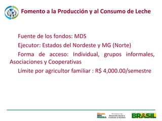 Fomento a la Producción y al Consumo de Leche


   Fuente de los fondos: MDS
   Ejecutor: Estados del Nordeste y MG (Norte)
   Forma de acceso: Individual, grupos informales,
Asociaciones y Cooperativas
   Límite por agricultor familiar : R$ 4,000.00/semestre
 