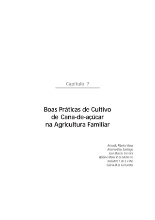 Capítulo 7




Boas Práticas de Cultivo
  de Cana-de-açúcar
na Agricultura Familiar


                          Arivaldo Ribeiro Viana
                          Antonio Dias Santiago
                           José Márcio Ferreira
                    Walane Maria P. de Mello Ivo
                          Benedito F. de S. Filho
                         Glória M. B. Fernandes
 