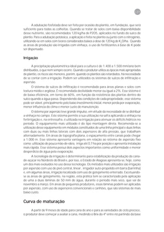 137



       A adubação fosfatada deve ser feita por ocasião do plantio, em fundação, que será
suficiente para todas as colheitas. Quando se tratar de solos com baixa disponibilidade
desse nutriente, são recomendados 120 kg/ha de P2O5, aplicados no fundo do sulco de
plantio. Para a adubação potássica, a aplicação é feita no plantio ou junto com o nitrogênio,
utilizando-se em solos com teores considerados baixos a dose de 120 kg de K2O/ha. Quando
as áreas de produção são irrigadas com vinhaça, o uso de fertilizantes à base de K pode
ser dispensado.

Irrigação

       A precipitação pluviométrica ideal para a cultura é de 1.400 a 1.500 mm/ano bem
distribuídos, o que nem sempre ocorre. Quando o produtor utiliza as épocas mais apropriadas
de plantio, os riscos são menores, porém, quando os plantios são retardados, há necessidade
de se contar com a irrigação. Podem ser utilizados os sistemas de sulcos de infiltração e
aspersão.
      O sistema de sulcos de infiltração é recomendado para áreas planas e solos com
textura média e argilosa. É recomendada declividade menor ou igual a 2%. Esse sistema é
de baixa eficiência, em torno de 60%, em função da resistência das plantas dentro do
sulco quando a água passa. Dependendo das condições de cada propriedade, esse sistema
pode ser viável, principalmente pelo baixo investimento inicial, menor perda por evaporação,
menor influência do clima e menor custo de manutenção.
       O sistema por aspersão teve grande impulso, em virtude da necessidade de se distribuir
a vinhaça no campo. Este sistema permite a sua utilização na safra aplicando a vinhaça na
fertirrigação e, na entressafra, é utilizada na irrigação para atenuar os déficits hídricos no
período. O equipamento mais utilizado é do tipo montagem direta. Recomenda-se a
utilização desse equipamento em módulos constituídos de uma linha principal e duas linhas
com duas ou mais linhas laterais com dois aspersores de alta pressão, que trabalham
alternadamente. Em áreas de topografia plana, o espaçamento entre canais pode chegar
a 1.000 m. Esse sistema apresenta vantagens em relação ao sistema de aspersão fixo
como: utilização de pouca mão-de-obra, irriga até 0,7 ha por posição e apresenta instalação
mais rápida. Esse sistema possui dois aspectos importantes como uniformidade e menor
desperdício de água pela evaporação.
      A tecnologia da irrigação é determinante para estabilização da produção da cana-
de-açúcar no Nordeste do Brasil e, por isso, o Estado de Alagoas apresenta-se, hoje, como
um dos mais evoluídos no uso dessa tecnologia. Os métodos mais utilizados são irrigação
por aspersão com uso de pivô central, linear , irrigador auto-propelido em barra (barrinha)
e, em algumas áreas, irrigação localizada com uso de gotejamento enterrado. Excetuando-
se as áreas de gotejamento, na região, esta prática tem se caracterizado pela aplicação
de uma a duas lâminas de 50 mm de água, durante o período mais seco, que vai de
novembro a março. Em áreas de pequenos produtores, essas lâminas podem ser aplicadas
por aspersão, com uso de aspersores convencionais e canhões, que são sistemas de mais
baixo custo.


Curva de maturação
     A partir de 9 meses de idade para cana de ano e para as variedades de ciclo precoce,
o produtor deve começar a avaliar a cana, medindo o Brix do 4º entre nó partindo da base
 