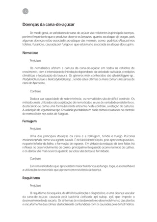 142



Doenças da cana-de-açúcar
      De modo geral, as variedades de cana-de-açúcar são resistentes às principais doenças,
porém é importante que o produtor observe as lavouras, quanto ao ataque de pragas, pois
algumas doenças estão associadas ao ataque das mesmas, como: podridão Abacaxi nos
toletes, fusariose, causada por fungos e que está muito associada ao ataque dos cupins.

Nematose

      Prejuízos

      Os nematóides afetam a cultura da cana-de-açúcar em todos os estádios de
crescimento, com a intensidade de infestação dependente da variedade cultivada, condições
climáticas e localização da lavoura. Os gêneros mais conhecidos são Meloidogyne sp.,
Pratylenchus zeae e Helicotylenchus sp., sendo estes últimos os mais comuns nas áreas de
cana do Nordeste.

      Controle

       Dada a sua capacidade de sobrevivência, os nematóides são de difícil controle. Os
métodos mais utilizados são a aplicação de nematicidas, o uso de variedades resistentes e,
destacando-se como uma forma bastante eficiente neste controle, a rotação de culturas.
A utilização de leguminosa tipo Crotalaria spectabilis tem dado ótimos resultados no controle
de nematóides nos solos de Alagoas.

Ferrugem

      Prejuízos

      Uma das principais doenças da cana é a ferrugem, tendo o fungo Puccinia
melanocephala como seu agente causal. É de fácil identificação, pois apresenta pústulas,
na parte inferior da folha, e formação de esporos. Em virtude da redução da área foliar, há
reflexos no desenvolvimento do colmo, principalmente quando ocorre no início do cultivo,
e os danos são mais severos quando os solos são de baixa fertilidade.

      Controle

       Existem variedades que apresentam maior tolerância ao fungo, logo, é aconselhável
a utilização de materiais que apresentem resistência à doença.

Raquitismo

      Prejuízos

      O raquitismo da soqueira, de difícil visualização e diagnóstico, é uma doença vascular
da cana-de-açúcar, causada pela bactéria Leifsonia xyli subsp. xyli, que impede o
desenvolvimento da socaria. Os sintomas de retardamento no desenvolvimento das plantas
e encurtamento dos colmos são facilmente confundidos com os causados pelo déficit hídrico.
 