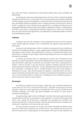 161



dos custos das limpas e liberação de mão-de-obra familiar para outras atividades da
propriedade.
      A utilização de coberturas verdes (leguminosas de ciclo curto) no controle integrado
das plantas daninhas vem se mostrando como uma boa opção para mandioca plantada
em fileiras duplas, pela sua efetividade no controle do mato e na melhoria da estrutura do
solo, permitindo também ao produtor fazer a rotação da cultura na mesma área. Deve-se
tomar o cuidado de evitar o plantio dessas leguminosas, a exemplo do feijão-de-porco
(Canavalia ensiformis), próximo às linhas de mandioca, deixando no mínimo um afastamento
de 0,80 m, para evitar a competição da cobertura vegetal com a cultura. Em virtude do
alto custo das sementes das leguminosas, sua utilização só é justificada quando a semente
for produzida pelo produtor.

Colheita

       A colheita das raízes de mandioca é feita predominantemente de forma manual,
muito embora algumas variações com a mecanização de algumas etapas possam ser
observadas.
       As épocas mais indicadas para colher a mandioca são aquelas em que as plantas se
encontram em período de repouso, ou seja, quando, pelas condições de clima (temperaturas
mais baixas e pouca chuva), elas já diminuíram o número e o tamanho das folhas e dos
lobos foliares, condição em que atinge o máximo de produção de raízes com máximo teor
de amido na variedade.
       A colheita da mandioca deve ser planejada de acordo com o tamanho da área
plantada e o destino da produção. No caso de mandioca para transformação em pequenas
casas de farinha e aipins que se destinam aos mercado e feiras livres, o planejamento é
simples e fácil de executar, o que não acontece quando o produtor pretende fornecer
matéria-prima para abastecer indústrias, em que o planejamento das operações deve ser
bem conduzido, a exemplo do corte e retirada da parte aérea para novos plantios e
facilitação do acesso, para movimentação de máquinas e operários dentro da área e
inclusive do próprio arranquio das raízes, com base no escalonamento do plantio de acordo
com o ciclo da cultivar (precoce, semiprecoce e tardia) para ocorrer colheitas regulares, e
evitar acúmulo de raízes em uma só época.

Arranquio

       A colheita da mandioca tem duas etapas: a poda das ramas, efetuada manualmente
a uma altura de 20 a 40 cm acima do nível do solo, deixando somente parte da haste
principal, a qual serve como apoio para o arranquio das raízes, ou com o auxílio de uma
ceifadeira acoplada a um trator, que deverá trabalhar em marcha à ré para evitar o
acamamento das plantas.
       A segunda etapa, após remover a folhagem e as hastes da área as quais deverão ser
utilizadas para selecionar as estacas para os novos plantios, se constitui do arranquio das
raízes, com a ajuda de ferramentas, a depender das condições de umidade e/ou
características do solo. Cultivares de hastes, linheiras de ramificação alta e de pequeno ou
médio porte dispensam o corte prévio da parte aérea.
       Em solos arenosos, arrancam-se as raízes com relativa facilidade sacudindo toda a
cepa com movimentos vibratórios em sentido vertical. Essa vibração tem que estar em
perfeita conexão com a tração (puxão na vertical) para evitar que as raízes quebrem ou
 