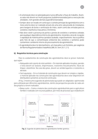 21



      • A setorização deve ser planejada para nunca dificultar o fluxo de trabalho. Assim,
        as salas não devem ser muito pequenas (subdimensionadas) para a execução das
        atividades, nem grandes demais (superdimensionadas).
      • Sempre deve ser levado em conta que o contato principal da agroindústria com o
        meio externo deve ser realizado através de uma ante-sala provida de instalações
        para lavagens de botas e sanitização de mãos, assim como das entradas para os
        vestiários e banheiros masculinos e femininos.
      • Não deve existir a presença de portas e janelas de vestiários e sanitários voltadas
        para qualquer dependência interna da agroindústria, incluindo a área de recepção
        e expedição de matéria-prima e produto acabado, respectivamente. Isso se justifica
        pelo fato de que a contaminação ambiental dos vestiários e sanitários pode
        contaminar o ambiente interno de processamento da agroindústria.
      • A agroindústria deve ter dois banheiros, um masculino e um feminino, por exigência
        de Norma Regulamentadora trabalhista (NR 24, item 24.1.2.1).


b) Requisitos técnicos para construção

      Para os acabamentos da construção das agroindústrias deve-se prever materiais
que sejam:
      • Adequados sob o ponto de vista sanitário – Os materiais aplicados nos pisos, paredes
        e tetos devem ser laváveis, impermeáveis, resistentes mecanicamente, fáceis de
        limpar e desinfetar. No caso dos pisos, devem ser antiderrapantes e resistentes à
        abrasão.
      • Fácil aquisição – Em se tratando de construções que devem ser simples e rápidas,
        o material aplicado nas construções das agroindústrias deve estar disponível em
        distribuidores próximos ao local de construção.
      A Fig. 2 mostra uma sugestão de planta baixa que pode ser adaptada e aprimorada
para utilização por diferentes agroindústrias, dentro da perspectiva peculiar de cada um
dos projetos a serem realizados.
      • Baixo custo – Como a maioria das construções agroindustriais para a agricultura
        familiar é realizada com recursos públicos, por meio de processos que estabelecem




          Fig. 2. Sugestão de planta baixa de agroindústria familiar genérica.
 