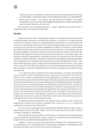 22



       limites para sua contratação, os valores da construção da agroindústria têm que
       ser minimizados, respeitando sempre a funcionalidade do projeto e sua aplicabilidade.
     • Manutenção simples – Os usuários das agroindústrias familiares não podem
       desperdiçar recursos oriundos das atividades produtivas para realizar manutenções
       que não sejam simples ou de alto custo.
     Para alcançar esses requisitos daremos, a seguir, algumas dicas práticas para o
acabamento das construções agroindustriais.

Paredes

       As paredes devem sofrer o emboço para deixar a sua superfície lisa. Desse modo ela
estará pronta para receber ou o revestimento cerâmico, ou a pintura. Se a opção for pelo
revestimento cerâmico, devem ser utilizadas placas cerâmicas de 20 x 30 cm ou 40 x 40
cm de cores claras (bege ou branco) e lisas. O fundo das placas deve ser de cor acinzentada
ou bege escuro, que são as de melhor qualidade em relação à resistência e uniformidade
do material. Nunca usar revestimentos cerâmicos com fundo de cor avermelhada, que são
de baixa qualidade e resistência mecânica. O assentamento deve seguir as instruções dos
fabricantes de argamassa e não conter pontos ocos internamente, o que pode causar uma
perda de resistência naquele ponto. O rejuntamento deve ser realizado com cimento branco
ou bege com aditivo antimofo. É bastante recomendável a utilização de cantos arredondados
entre as paredes com a utilização de perfis cerâmicos com arredondamento interno. Caso
seja de difícil aquisição, pode-se optar pelo arredondamento desses vértices, com auxílio
de um tubo de PVC de 40 mm de diâmetro com a mesma composição da massa utilizada
para o emboço, e posterior acabamento com tinta epóxi, seguindo as especificações para
sua aplicação.
        Se a opção for pelo revestimento por meio de pintura, os cantos entre paredes
devem, também, sofrer arredondamento com auxílio de um tubo de PVC de 40 mm de
diâmetro com a mesma composição da massa utilizada para o emboço. É necessário que
se use nas áreas de processamento a tinta epóxi. Para que essa pintura não tenha problemas
futuros de descascamento, é necessária a aplicação de verniz hidrossolúvel sobre a superfície
de cimento recém-construída na espessura de película seca (EPS) de 50 mm, correção de
imperfeições e nivelamento com massa epoxídica sem solventes na espessura de 125 mm
e uma terceira demão de tinta epoxídica de acabamento com espessura de 250 mm na cor
branca. Pelo detalhamento do processo de pintura com tinta epóxi, é necessário ter uma
equipe reconhecidamente especializada e experiente na aplicação desse revestimento.
A aplicação incorreta desse tipo de revestimento acarretará o descolamento parcial ou
total das paredes em um curto período de tempo.
       Em algumas indústrias de produtos de origem vegetal, pode-se optar, ainda, pelo
acabamento cerâmico ou de pintura epoxídica até a altura de 2 m e o restante do
acabamento com pintura em tinta acrílica.
       Em áreas onde a sanitização não é realizada pelo emprego direto de água, pode-se
optar pela pintura com tinta PVA. Apesar de ser mais barata que a tinta acrílica, ela não é
resistente à lavagem e sanitização.
       Para efeito de cálculo de pé-direito, recomenda-se a altura de 3 m para agroindústrias
de processamento de produtos de origem vegetal. Para agroindústrias de produtos de
origem animal, o pé-direito fixado legalmente é de 4 m.
       A Tabela 1 mostra um resumo das aplicações de acabamento em paredes internas
de agroindústrias com os detalhamentos das principais vantagens e desvantagens para
tomada de decisões sobre a forma mais viável de construção.
 