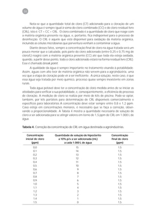34



      Nota-se que a quantidade total de cloro (CT) adicionado para a cloração de um
volume de água é sempre igual à soma do cloro combinado (CC) e do cloro residual livre
(CRL), isto é: CT = CC + CRL. O cloro combinado é a quantidade de cloro que reage com
a matéria orgânica presente na água, e, portanto, fica indisponível para o processo de
desinfecção. O CRL é aquele que está disponível para oxidação da matéria orgânica,
incluindo as células microbianas que porventura venham a contaminar a água.
      Diante desses fatos, sempre a concentração final de cloro na água tratada será um
pouco menor que a calculada, pois parte do cloro adicionado (entre 0,25 e 0,75 mg de
cloro/L) reagirá com a matéria orgânica presente (CC) até que toda ela esteja oxidada,
quando, a partir desse ponto, todo o cloro adicionado estará na forma residual livre (CRL).
Esse é chamado break point.
       A qualidade da água é sempre importante no tratamento visando à potabilidade.
Assim, águas com alto teor de matéria orgânica não servem para a agroindústria, uma
vez que a etapa de cloração pode vir a ser ineficiente. A única solução, neste caso, é que
essa água seja tratada por meio químico, processo quase sempre inexistente em zonas
rurais.
      Toda água potável deve ter a concentração de cloro medida antes de se iniciar as
atividades para verificar a sua potabilidade, e, conseqüentemente, a eficiência do processo
de cloração. A medição de cloro se realiza por meio de kits de piscina. Pode-se optar,
também, por kits portáteis para determinação de CRL disponíveis comercialmente e
específicos para laboratórios A concentração deve estar sempre entre 0,8 e 1,2 ppm.
Caso esteja em concentrações menores, é necessário que se faça a correção, obser-
vando a proporcionalidade. A Tabela 4 mostra a quantidade necessária de solução de
cloro a ser adicionada para se atingir valores em torno de 1,5 ppm de CRL em 1.000 L de
água.

Tabela 4. Correção da concentração de CRL em água destinada a agroindústrias.

    Concentração          Quantidade de solução de hipoclorito          Concentração
   inicial de cloro         a 10% p/v a ser adicionada (mL)             final de cloro
        (ppm)                    a cada 1.000 L de água                     (ppm)
         0,0                               15                                 1,5
         0,1                               14                                 1,5
         0,2                               13                                 1,5
         0,3                               12                                 1,5
         0,4                               11                                 1,5
         0,5                               10                                 1,5
         0,6                                9                                 1,5
         0,7                                8                                 1,5
         0,8                                7                                 1,5
         0,9                                6                                 1,5
         1,0                                5                                 1,5
         1,1                                4                                 1,5
         1,2                                3                                 1,5
         1,3                                2                                 1,5
         1,4                                1                                 1,5
         1,5                                0                                 1,5
 