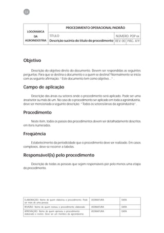 54



                                       PROCEDIMENTO OPERACIONAL PADRÃO
  LOGOMARCA
      DA               TÍTULO                                            NÚMERO: POP xx
 AGROINDÚSTRIA         Descrição sucinta do título do procedimento REV. 00 PÁG. X/Y




Objetivo

     Descrição do objetivo direto do documento. Devem ser respondidas as seguintes
perguntas: Para que se destina o documento e a quem se destina? Normalmente se inicia
com as seguinte afirmação: “Este documento tem como objetivo...” .

Campo de aplicação
      Descrição das áreas ou setores onde o procedimento será aplicado. Pode ser uma
área/setor ou mais de um. No caso de o procedimento ser aplicado em toda a agroindústria,
deve ser mencionada a seguinte descrição: “Todos os setores/áreas da agroindústria”.

Procedimento
      Neste item, todos os passos dos procedimentos devem ser detalhadamente descritos
em itens numerados.

Freqüência
    Estabelecimento da periodicidade que o procedimento deve ser realizado. Em casos
complexos, deve-se recorrer a tabelas.

Responsável(is) pelo procedimento
      Descrição de todas as pessoas que sejam responsáveis por pelo menos uma etapa
do procedimento.




ELABORAÇÃO: Nome de quem elaborou o procedimento. Pode      ASSINATURA      DATA
ser mais de uma pessoa.
REVISÃO: Nome de quem revisou o procedimento elaborado      ASSINATURA      DATA
APROVAÇÃO: Nome de quem aprovou o procedimento              ASSINATURA      DATA
elaborado e revisto. Deve ser um membro da agroindústria.
 