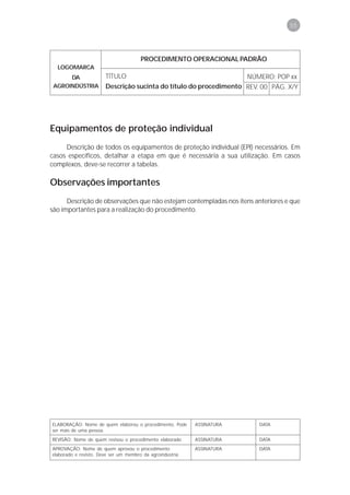 55



                                       PROCEDIMENTO OPERACIONAL PADRÃO
  LOGOMARCA
      DA               TÍTULO                                            NÚMERO: POP xx
 AGROINDÚSTRIA         Descrição sucinta do título do procedimento REV. 00 PÁG. X/Y




Equipamentos de proteção individual
     Descrição de todos os equipamentos de proteção individual (EPI) necessários. Em
casos específicos, detalhar a etapa em que é necessária a sua utilização. Em casos
complexos, deve-se recorrer a tabelas.

Observações importantes
      Descrição de observações que não estejam contempladas nos itens anteriores e que
são importantes para a realização do procedimento.




ELABORAÇÃO: Nome de quem elaborou o procedimento. Pode      ASSINATURA      DATA
ser mais de uma pessoa.
REVISÃO: Nome de quem revisou o procedimento elaborado      ASSINATURA      DATA
APROVAÇÃO: Nome de quem aprovou o procedimento              ASSINATURA      DATA
elaborado e revisto. Deve ser um membro da agroindústria.
 