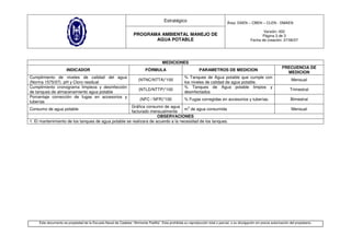 Estratégico                                Área: DAEN – CBEN – CLEN - DMAEN

                                                                                                                                                           Versión: 002
                                                                    PROGRAMA AMBIENTAL MANEJO DE                                                          Página 3 de 3
                                                                           AGUA POTABLE                                                             Fecha de creación: 27/06/07




                                                                                        MEDICIONES
                                                                                                                                                                         FRECUENCIA DE
                       INDICADOR                                             FÓRMULA                             PARAMETROS DE MEDICION
                                                                                                                                                                           MEDICION
Cumplimiento de niveles de calidad del agua                                                            % Tanques de Agua potable que cumple con
                                                                        (NTNC/NTTA)*100                                                                                         Mensual
(Norma 1575/07). pH y Cloro residual                                                                   los niveles de calidad de agua potable.
Cumplimiento cronograma limpieza y desinfección                                                        % Tanques de Agua potable limpios y
                                                                        (NTLD/NTTP)*100                                                                                        Trimestral
de tanques de almacenamiento agua potable                                                              desinfectados
Porcentaje corrección de fugas en accesorios y
                                                                         (NFC / NFR)*100               % Fugas corregidas en accesorios y tuberías.                            Bimestral
tuberías
                                                     Gráfica consumo de agua        3
Consumo de agua potable                                                           m de agua consumida                                                                           Mensual
                                                     facturado mensualmente
                                                                    OBSERVACIONES
1. El mantenimiento de los tanques de agua potable se realizara de acuerdo a la necesidad de los tanques.




     Este documento es propiedad de la Escuela Naval de Cadetes “Almirante Padilla”. Esta prohibida su reproducción total o parcial, o su divulgación sin previa autorización del propietario.
 