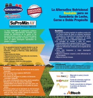 Alta Calidad y 
Rentabilidad 
La línea SUPROMIN de suplementos proteicos 
minerales está especialmente formulada para 
corregir las deficiencias de los pastos en las 
épocas de verano e invierno, con el fin de mejorar 
los niveles de producción de leche y carne así 
como un óptimo desempeño reproductivo en 
ganado a pastoreo. 
La Alternativa Nutricional 
Rentable para su 
Ganadería de Leche, 
Carne o Doble Propósito 
Beneficios: 
• En ganado de doble propósito de mediana producción 
con buena oferta de pasto se obtienen excelentes 
resultados en el aumento de la producción de leche. 
• Para animales de mayor producción se puede 
combinar su uso con el alimento balanceado. 
• En animales de levante y ceba se mejora 
considerablemente la ganancia diaria de peso. 
• Está formulado para que una ración de 500 gr diarios 
supla las deficiencias minerales de la mayoría de los 
animales. 
• Celos más tempranos y mejor desempeño 
reproductivo. 
• Mejora la condición corporal y evita deficiencias en 
el crecimiento. 
• Mejora la función inmune. 
Contraindicaciones: 
El suministro de este producto ESTÁ CONTRAINDICADO en becerros 
(bovinos antes del destete) y animales monogástricos como equinos, 
porcinos, aves, etc. No se recomienda su uso en vacas próximas al parto. 
En la ganadería tropical los pastos tienden a ser de 
baja calidad y presentan deficiencias de proteína, 
minerales, energía y vitaminas. Estas deficiencias 
ocasionan: 
• Baja producción láctea. 
• Baja ganancia de peso y bajo índice de crecimiento. 
• Pobre condición corporal. 
• Baja eficiencia reproductiva. 
• Bajas defensas contra las enfermedades. 
Fortalezas: 
• Formulados para corregir las deficiencias de los pastos 
tropicales. 
• Con minerales traza orgánicos BIOPLEX® 
(Se, Zn, Cu, Mn, Fe). 
• Con fuente de nitrógeno no proteico de liberación 
controlada Optigen®. 
• Con grasa sobrepasante para mayor aporte energético. 
• Materias primas de alta calidad y altamente 
biodisponibles como harinas de soya, maíz, arroz, etc. 
• Optimiza el aprovechamiento de los pastos de suelos 
ácidos. 
• Control de calidad con un laboratorio de alta tecnología. 
• Presentación en polvo, ideal para mezclar con melaza, 
pasto de corte, heno, ensilaje, harinas de subproductos 
vegetales o alimento balanceado. 
Mejorador la salud y función 
ruminal. 
Fuente de minerales orgánicos 
de alta biodisponibilidad. 
Fuente concentrada de nitrógeno 
no proteico de liberación 
controlada. 
de 
Con 
Suplemento Proteico Mineral 
 
