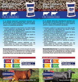 Vaca Lechera 
Elite 20® 
Proteína 20% Grasa 3% Fibra 7% 
Parto Lactancia hasta 7 a 14 Lt/Día 
Es un alimento balanceado especialmente formulado para 
vacas lactantes con una producción de 7 a 14 litros de leche/ 
día, con el fin de mejorar la producción de leche, mejorar la 
condición corporal y el rendimiento reproductivo. 
• Formulado cumpliendo los requerimientos de las tablas del NRC 
y otras publicaciones especializadas para alcanzar el óptimo 
desempeño de vacas en etapa de lactancia. 
• Con nutrientes de alta digestibilidad que complementan dietas 
basadas en forrajes de mediana a buena calidad. 
• Proporciona un balance de energía positivo que soporta la 
producción de leche y la función reproductiva. 
• Un óptimo balance de proteína, fibra, energía, vitaminas y 
minerales basados en la tecnología ProGrass®. 
• Elaborado con materias primas con capacidad de proteína y 
grasa sobrepasante. 
• Incluye: microminerales orgánicos BIOPLEX® con alta 
biodisponibilidad que mejoran el desempeño productivo y la 
respuesta inmune: selenio, zinc, hierro, manganeso y cobre. 
Recomendaciones de uso: Se suministra después del parto y 
durante toda la lactancia. Dependiendo de la calidad y cantidad 
de forraje ofrecido, se recomienda de uno a dos kilos de Vaca 
Lechera Élite 20 por cada tres litros de leche producida. 
ANÁLISIS GARANTIZADO 
Vaca Lechera Elite 20 
Prot. 
20% 
Grasa 
Alta Calidad y 
Rentabilidad 
3% 
Fibra 
7% 
ELN 
55% 
Vaca Lechera 
Elite 18® 
Proteína 18% Grasa 2% Fibra 7% 
Parto Lactancia hasta 7 Lt/Día 
Es un alimento balanceado especialmente formulado para 
vacas lactantes con una producción hasta 7 litros de leche/ 
día, con el fin de mejorar la producción, mejorar la condición 
corporal y el rendimiento reproductivo. 
• Formulado cumpliendo los requerimientos de las tablas del NRC 
y otras publicaciones especializadas para alcanzar el óptimo 
desempeño de vacas en etapa de lactancia. 
• Con nutrientes de alta digestibilidad que complementan dietas 
basadas en forrajes de mediana a baja calidad. 
• Proporciona un balance de energía positivo que soporta la 
producción de leche y la función reproductiva. 
• Un óptimo balance de proteína, fibra, energía, vitaminas y 
minerales basados en la tecnología ProGrass®. 
• Elaborado con materias primas con capacidad de proteína y 
grasa sobrepasante. 
• Incluye: microminerales orgánicos BIOPLEX® con alta 
biodisponibilidad que mejoran el desempeño productivo y la 
respuesta inmune: selenio, zinc, hierro, manganeso y cobre. 
Recomendaciones de uso: Se suministra después del parto y 
durante toda la lactancia. Dependiendo de la calidad y cantidad 
de forraje ofrecido, se recomienda de uno a dos kilos de Vaca 
Lechera Élite 18 por cada tres litros de leche producida. 
ANÁLISIS GARANTIZADO 
Vaca Lechera Elite 18 
Prot. 
18% 
Grasa 
Alta Calidad y 
Rentabilidad 
2% 
Fibra 
7% 
ELN 
55% 
 
