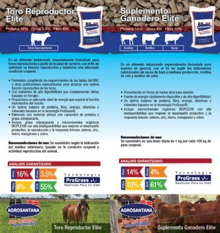 Suplemento 
Ganadero Elite® 
Proteína 14% Grasa 4% Fibra 10% 
Novillas Novillos Vacas 
Es un alimento balanceado especialmente formulado para 
bovinos en general, con el fin de suplir las deficiencias 
nutricionales de vacas de baja y mediana producción, novillas 
de cría y novillos de ceba. 
• Presentación en forma de harina ideal para mezclar. 
• Fuente de energía rápidamente disponible y de alta digestibilidad. 
• Un óptimo balance de proteína, fibra, energía, vitaminas y 
minerales basados en la tecnología ProGrass®. 
• Incluye: microminerales orgánicos BIOPLEX® con alta 
biodisponibilidad que mejoran el desempeño productivo y la 
respuesta inmune: selenio, zinc, hierro, manganeso y cobre. 
Recomendaciones de uso: 
Se suministra en una dosis diaria de 1 kg por cada 100 kg de 
peso corporal. 
ANÁLISIS GARANTIZADO 
Suplemento Ganadero Elite 
Prot. 
14% 
Grasa 
Alta Calidad y 
Rentabilidad 
4% 
Fibra 
10% 
ELN 
61% 
Toro Reproductor 
Elite® 
Proteína 16% Grasa 3,5% Fibra 8% 
Toros Reproductores 
Es un alimento balanceado especialmente formulado para 
toros reproductores a partir de la edad de servicio, con el fin de 
optimizar su función reproductiva y mantener una adecuada 
condición corporal. 
• Formulado cumpliendo los requerimientos de las tablas del NRC 
y otras publicaciones especializadas para alcanzar una óptima 
función reproductiva de los toros. 
• Con nutrientes de alta digestibilidad que complementan dietas 
basadas en forrajes. 
• Proporciona un adecuado nivel de energía que soporta la función 
reproductiva del macho. 
• Un óptimo balance de proteína, fibra, energía, vitaminas y 
minerales basados en la tecnología ProGrass®. 
• Elaborado con materias primas con capacidad de proteína y 
grasa sobrepasante. 
• Incluye: grasa sobrepasante y microminerales orgánicos 
BIOPLEX® con alta biodisponibilidad que mejoran el desempeño 
productivo, la reproducción y la respuesta inmune: selenio, zinc, 
hierro, manganeso y cobre. 
Recomendaciones de uso: Se suministra según la indicación 
del médico veterinario, basado en la condición corporal y 
actividad reproductiva del animal. 
ANÁLISIS GARANTIZADO 
Toro Reproductor Elite 
Prot. 
16% 
Grasa 
Alta Calidad y 
Rentabilidad 
3.5% 
Fibra 
8% 
ELN 
55% 
 