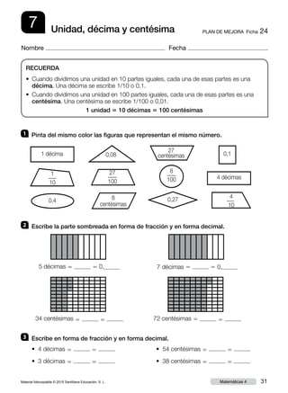 Material fotocopiable © 2015 Santillana Educación, S. L. 31Matemáticas 4
Nombre Fecha
7 PLAN DE MEJORA  Ficha 24Unidad, décima y centésima
RECUERDA
• Cuando dividimos una unidad en 10 partes iguales, cada una de esas partes es una
décima. Una décima se escribe 1/10 o 0,1.
• Cuando dividimos una unidad en 100 partes iguales, cada una de esas partes es una
centésima. Una centésima se escribe 1/100 o 0,01.
1 unidad 5 10 décimas 5 100 centésimas
1 	 Pinta del mismo color las figuras que representan el mismo número.
2 	 Escribe la parte sombreada en forma de fracción y en forma decimal.
3 	 Escribe en forma de fracción y en forma decimal.
• 4 décimas 5 5
• 3 décimas 5 5
• 54 centésimas 5 5
• 38 centésimas 5 5
34 centésimas 5 5 72 centésimas 5 5
5 décimas 5 5 0, 7 décimas 5 5 0,
0,4
4 décimas
0,10,08
27
centésimas
8
centésimas
0,27
1 décima
1
—
10
27
—
100
8
—
100
4
—
10
 