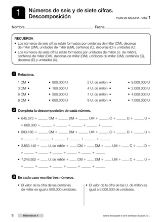 Material fotocopiable © 2015 Santillana Educación, S. L.8 Matemáticas 4
Nombre Fecha
1 PLAN DE MEJORA  Ficha 1
Números de seis y de siete cifras.
Descomposición
1 	Relaciona.
1 CM  • 	 •  800.000 U	 2 U. de millón  •	 •  9.000.000 U
3 CM  •	 •  100.000 U	 4 U. de millón  •	 •  2.000.000 U
6 CM  •	 •  300.000 U	 7 U. de millón  •	 •  4.000.000 U
8 CM  •	 •  600.000 U	 9 U. de millón  •	 •  7.000.000 U
2 	 Completa la descomposición de cada número.
•  645.873 5 CM 1 DM 1 UM 1 C 1 D 1 U 5
5 600.000 1 1 1 1 1
•  893.106 5 CM 1 DM 1 UM 1 C 1 D 1 U 5
5 1 1 1 1 1
•  3.653.140 5 U. de millón 1 CM 1 DM 1 UM 1 C 1 D 5
5 1 1 1 1 1
•  7.246.502 5 U. de millón 1 CM 1 DM 1 UM 1 C 1 U 5
5 1 1 1 1 1
3 	 En cada caso escribe tres números.
• El valor de la cifra de las centenas
de millar es igual a 900.000 unidades.
• El valor de la cifra de las U. de millón es
igual a 8.000.000 de unidades.
RECUERDA
• Los números de seis cifras están formados por centenas de millar (CM), decenas
de millar (DM), unidades de millar (UM), centenas (C), decenas (D) y unidades (U).
• Los números de siete cifras están formados por unidades de millón (U. de millón),
centenas de millar (CM), decenas de millar (DM), unidades de millar (UM), centenas (C),
decenas (D) y unidades (U).
 