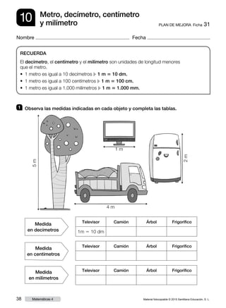 Material fotocopiable © 2015 Santillana Educación, S. L.38 Matemáticas 4
Nombre Fecha
10 PLAN DE MEJORA  Ficha 31
Metro, decímetro, centímetro
y milímetro
RECUERDA
El decímetro, el centímetro y el milímetro son unidades de longitud menores
que el metro.
• 1 metro es igual a 10 decímetros c 1 m 5 10 dm.
• 1 metro es igual a 100 centímetros c 1 m 5 100 cm.
• 1 metro es igual a 1.000 milímetros c 1 m 5 1.000 mm.
1 	 Observa las medidas indicadas en cada objeto y completa las tablas.
Medida
en decímetros
Medida
en centímetros
Medida
en milímetros
Televisor Camión Árbol Frigorífico
1m 5 10 dm
Televisor Camión Árbol Frigorífico
Televisor Camión Árbol Frigorífico
1 m
4 m
5m
2m
 