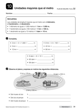 Material fotocopiable © 2015 Santillana Educación, S. L. 39Matemáticas 4
Nombre Fecha
10 PLAN DE MEJORA  Ficha 32Unidades mayores que el metro
RECUERDA
Las unidades de longitud mayores que el metro son el kilómetro,
el hectómetro y el decámetro.
• 1 kilómetro es igual a 1.000 metros c 1 km 5 1.000 m.
• 1 hectómetro es igual a 100 metros c 1 hm 5 100 m.
• 1 decámetro es igual a 10 metros c 1 dam 5 10 m.
1 	 Completa.
2 	 Observa el plano y expresa en metros las siguientes distancias.
• 2 km 5 2 3 1.000 5 m
• 5 km 5 m
• 12 km 5 m
• 6 dam 5 6 3 10 5 m
• 60 dam 5 m
• 99 dam 5 m
• 8 hm 5 8 3 100 5 m
• 45 hm 5 m
• 90 hm 5 m
• Del museo al zoo	 c
• Del zoo al parque	 c
• Del museo al parque	 c
3 hm y 170 m 8 dam y 250 m
2 km y 120 m
 