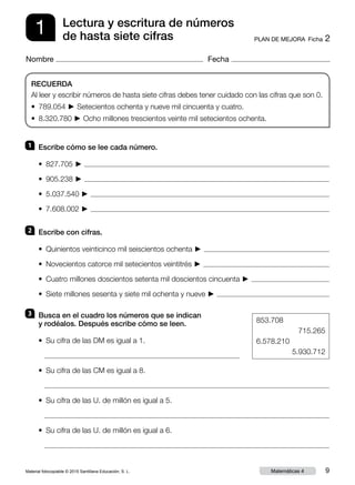Material fotocopiable © 2015 Santillana Educación, S. L. 9Matemáticas 4
Nombre Fecha
RECUERDA
Al leer y escribir números de hasta siete cifras debes tener cuidado con las cifras que son 0.
•  789.054 ► Setecientos ochenta y nueve mil cincuenta y cuatro.
•  8.320.780 ► Ocho millones trescientos veinte mil setecientos ochenta.
1 PLAN DE MEJORA  Ficha 2
Lectura y escritura de números
de hasta siete cifras
1 	 Escribe cómo se lee cada número.
•  827.705 ► 
•  905.238 ► 
•  5.037.540 ► 
•  7.608.002 ► 
2 	 Escribe con cifras.
•  Quinientos veinticinco mil seiscientos ochenta ► 
•  Novecientos catorce mil setecientos veintitrés ► 
•  Cuatro millones doscientos setenta mil doscientos cincuenta ► 
•  Siete millones sesenta y siete mil ochenta y nueve ► 
3 	 Busca en el cuadro los números que se indican
y rodéalos. Después escribe cómo se leen.
•  Su cifra de las DM es igual a 1.

•  Su cifra de las CM es igual a 8.

•  Su cifra de las U. de millón es igual a 5.

•  Su cifra de las U. de millón es igual a 6.

853.708
715.265
6.578.210
5.930.712
 