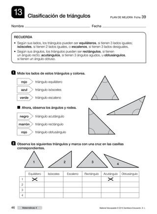 Material fotocopiable © 2015 Santillana Educación, S. L.46 Matemáticas 4
Nombre Fecha
13 PLAN DE MEJORA  Ficha 39Clasificación de triángulos
RECUERDA
• Según sus lados, los triángulos pueden ser equiláteros, si tienen 3 lados iguales;
isósceles, si tienen 2 lados iguales, o escalenos, si tienen 3 lados desiguales.
• Según sus ángulos, los triángulos pueden ser rectángulos, si tienen
un ángulo recto; acutángulos, si tienen 3 ángulos agudos, u obtusángulos,
si tienen un ángulo obtuso.
1 	 Mide los lados de estos triángulos y colorea.
2 	 Observa los siguientes triángulos y marca con una cruz en las casillas
correspondientes.
triángulo equiláterorojo
triángulo isóscelesazul
triángulo escalenoverde
triángulo acutángulonegro
triángulo rectángulomarrón
triángulo obtusángulorojo
■  Ahora, observa los ángulos y rodea.
1 2 3
4
Equilátero Isósceles Escaleno Rectángulo Acutángulo Obtusángulo
1
2
3
4
 