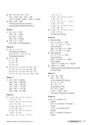 Material fotocopiable © 2015 Santillana Educación, S. L. 71Matemáticas 4
2.	 89 1 34 c 90 1 30 5 120
	 672 2 338 c 700 2 300 5 400
	 3.278 1 6.960 c 3.000 1 7.000 5 10.000
3.	 400 1 400 5 800
	 Entre los dos días ha recorrido
aproximadamente 800 kilómetros.
Ficha 9
1.	 23 3 54 5 1.242
	 136 3 53 5 7.208
	 45 3 36 5 1.620
	 382 3 63 5 24.066
2.	 123 3 12 5 1.476
Han traído 1.476 rotuladores.
Ficha 10
1.	 19 3 4 5 4 3 19
Propiedad conmutativa
	(12 3 2) 3 5 5 12 3 (2 3 5)
Propiedad asociativa
2.	 9 3 4 5 36
	 4 3 9 5 36
	 9 3 8 5 72
	 8 3 9 5 72
3.	 (2 3 4) 3 5 5 2 3 (4 3 5) c 40 5 40
	 2 3 (5 3 6) 5 (2 3 5) 3 6 c 60 5 60
	 (3 3 2) 3 9 5 3 3 (2 3 9) c 54 5 54
	 8 3 (5 3 3) 5 (8 3 5) 3 3 c 120 5 120
Ficha 11
1.	 273 3 351 5 95.823
	 469 3 824 5 386.456
	 865 3 150 5 129.750
	 754 3 230 5 173.420
	 564 3 307 5 173.148
	 683 3 406 5 277.298
Ficha 12
1.	3 3 (2 1 5) 5 3 3 2 1 3 3 5 5
5 6 1 15 5 21
	2 3 (4 1 6) 5 2 3 4 1 2 3 6 5
5 8 1 12 5 20
	5 3 (3 1 4) 5 5 3 3 1 5 3 4 5
5 15 1 20 5 35
	6 3 (5 1 2) 5 6 3 5 1 6 3 2 5
5 30 1 12 5 42
2.	2 3 (5 2 3) 5 2 3 5 2 2 3 3 5
5 10 2 6 5 4
	3 3 (6 2 2) 5 3 3 6 2 3 3 2 5
5 18 2 6 5 12
	4 3 (7 2 3) 5 4 3 7 2 4 3 3 5
5 28 2 12 5 16
	5 3 (8 2 4) 5 5 3 8 2 5 3 4 5
5 40 2 20 5 20
3.	4 3 (9 1 2) 5 4 3 9 1 4 3 2 5
5 36 1 8 5 44
En total hay 44 flores.
Ficha 13
1.	 A las decenas:
	 53 3 4 c 50 3 4 5 200
	131 3 7 c 130 3 7 5 910
	 A las centenas:
	 462 3 5 c 500 3 5 5 2.500
	 243 3 3 c 200 3 3 5 600
2.	A las decenas:
74 3 4 c 70 3 4 5 280
	A las centenas:
486 3 5 c 500 3 5 5 2.500
	A los millares:
7.350 3 8 c 7.000 3 8 5 56.000
3.	1.000 3 6 5 6.000
Virginia gana aproximadamente 6.000 €
en seis meses.
Ficha 14
1.	125 1 95 5 220
220 2 195 5 25
Le han sobrado 25 barras.
	18 1 9 1 3 5 30
40 2 30 5 10
Le devuelven 10 €.
	40 3 25 5 1.000
1.400 2 1.000 5 400
Le quedan 400 kg de manzanas.
Ficha 15
1.	 45 : 3 c cociente: 15.
	 Exacta.
	 873 : 4 c cociente: 218; resto: 1.
	 Entera.
	 4.176 : 8 c cociente: 522.
	 Exacta.
	 68 : 7 c cociente: 9; resto: 5.
	 Entera.
 