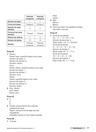 Material fotocopiable © 2015 Santillana Educación, S. L. 77Matemáticas 4
Pirámide
hexagonal
Pirámide
octogonal
Número de bases 1 1
Forma de la base Hexágono Octógono
Número de caras
laterales
6 8
Forma de las caras
laterales
Triángulo Triángulo
Número de vértices 7 9
Número de aristas 12 16
Nombre
Pirámide
hexagonal
Pirámide
octogonal
Ficha 44
1.	 Cilindro.
	 Partes: base, superficie lateral curva, base.
	 Número de bases: 2.
	 Número de vértices: 0.
	 Nombre: cilindro.
	 Cono.
	 Partes: vértice, superficie lateral curva, base.
	 Número de bases: 1.
	 Número de vértices: 1.
	 Nombre: cono.
	 Esfera.
	 Partes: superficie lateral curva, radio.
	 Número de bases: 0.
	 Número de vértices: 0.
	 Nombre: esfera.
2.	 Rojo: cilindro.
	 Azul: esfera.
	 Verde: cono.
Ficha 45
1.	 b.
	 a.
	 b.
2.	 Posible, porque dentro de la caja hay
calcetines de rayas.
	 Seguro, porque en la bandeja solo hay
magdalenas.
	 Imposible, porque no hay ninguna raqueta.
Ficha 46
1.	 15 flores.
	 Rosa.
	 Clavel.
2.	 Más.
	 Menos.
	 Menos.
3.	 Tiene que haber tres estrellas amarillas,
dos rojas y una azul.
Ficha 47
1.	 Suma de las edades:
50 1 17 1 14 1 35 5 116
	 Número de personas: 4.
	 Edad media: 116 : 4 5 29 años
	 Suma de las alturas:
9 1 10 1 8 1 16 1 12 5 55
	 Número de árboles: 5
	 Altura media: 55 : 5 5 11 m
	 Suma de los pesos:
18 1 12 1 25 1 5 5 60
	 Número de maletas: 4
	 Peso medio: 60 : 4 5 15 kg
 