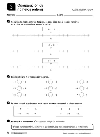 3 PLAN DE MEJORA. Ficha 9
Comparación de
números enteros
Nombre Fecha
1  	Completa las rectas enteras. Después, en cada caso, busca los dos números
en la recta correspondiente y rodea el mayor.
3 	En cada recuadro, rodea con rojo el número mayor, y con azul, el número menor.
2 	 Escribe el signo  o  según corresponda.
14 22
25 29
16 18
24 13
22 15
26 23
29 11
23 28
27 0
0
28
2223
11 25
14
13
2521
26 0
0
22 y 11
0
17 y 0
0
26 y 22
	 REPASA ESTA INFORMACIÓN. Después, corrige tus actividades.
De dos números enteros, es mayor el que está situado más a la derecha en la recta entera.
Material fotocopiable © 2015 Santillana Educación, S. L.16 Matemáticas 6
 