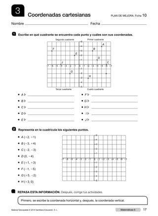 3 PLAN DE MEJORA. Ficha 10Coordenadas cartesianas
Nombre Fecha
	 REPASA ESTA INFORMACIÓN. Después, corrige tus actividades.
Primero, se escribe la coordenada horizontal y, después, la coordenada vertical.
1 	 Escribe en qué cuadrante se encuentra cada punto y cuáles son sus coordenadas.
2 	 Representa en la cuadrícula los siguientes puntos.
● A c	
● B c	
● C c	
● D c	
● E c	
● F c	
●  G c	
● H c	
● I c	
●  J c	
● A (12, 11)
● B (23, 14)
● C (22, 23)
● D (0, 24)
● E (11, 13)
● F (21, 25)
● G (15, 22)
● H (13, 0)
F
D
B
J
G
H
A
C
0
11
1127
25
12
1226
24
15
1523 1622 1721
21
14
1424
22
13
1325
23
Segundo cuadrante Primer cuadrante
Tercer cuadrante Cuarto cuadrante
0
11
1127
25
12
1226
24
15
1523 1622 1721
21
14
1424
22
13
1325
23
E
Material fotocopiable © 2015 Santillana Educación, S. L. 17Matemáticas 6
 