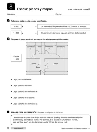8 PLAN DE MEJORA. Ficha 41Escala: planos y mapas
Nombre Fecha
	 REPASA ESTA INFORMACIÓN. Después, corrige tus actividades.
La escala de un plano o un mapa indica la relación que hay entre las medidas del plano
o del mapa y las medidas reales. Por ejemplo, si la escala de un plano es 1 : 100,
esto significa que 1 cm del plano representa 100 cm del terreno real.
1   Relaciona cada escala con su significado.
1 : 80
 
● ●
 
Un centímetro del plano equivale a 200 cm de la realidad.
1 : 200
 
● ●
 
Un centímetro del plano equivale a 80 cm de la realidad.
2   Observa el plano y calcula en metros las siguientes medidas reales.
● Largo y ancho del salón:
● Largo y ancho del baño:
● Largo y ancho del dormitorio 1:
● Largo y ancho de la cocina:
● Largo y ancho del dormitorio 2:
Dormitorio
3
Baño Dormitorio
2
Dormitorio
1
SalónCocina
Escala
1 : 150
Material fotocopiable © 2015 Santillana Educación, S. L.48 Matemáticas 6
 