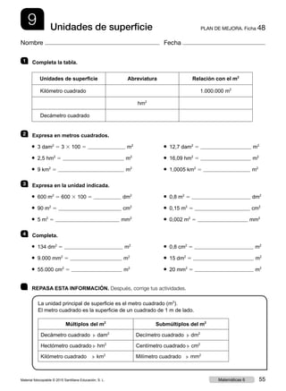 9 PLAN DE MEJORA. Ficha 48Unidades de superficie
Nombre Fecha
	 REPASA ESTA INFORMACIÓN. Después, corrige tus actividades.
La unidad principal de superficie es el metro cuadrado (m2
).
El metro cuadrado es la superficie de un cuadrado de 1 m de lado.
Múltiplos del m2
Submúltiplos del m2
Decámetro cuadrado c  dam2
Decímetro cuadrado c  dm2
Hectómetro cuadrado c  hm2
Centímetro cuadrado c  cm2
Kilómetro cuadrado c km2
Milímetro cuadrado c mm2
1   Completa la tabla.
Unidades de superficie Abreviatura Relación con el m2
Kilómetro cuadrado 1.000.000 m2
hm2
Decámetro cuadrado
2   Expresa en metros cuadrados.
● 3 dam2
5 3 3 100 5 m2	 ● 12,7 dam2
5 m2
● 2,5 hm2
5 m2	 ● 16,09 hm2
5 m2
● 9 km2
5 m2	 ● 1,0005 km2
5 m2
3   Expresa en la unidad indicada.
● 600 m2
5 600 3 100 5 dm2	 ● 0,8 m2
5 dm2
● 90 m2
5 cm2	 ● 0,15 m2
5 cm2
● 5 m2
5 mm2	 ● 0,002 m2
5 mm2
4   Completa.
● 134 dm2
5 m2	 ● 0,8 cm2
5 m2
● 9.000 mm2
5 m2	 ● 15 dm2
5 m2
● 55.000 cm2
5 m2	 ● 20 mm2
5 m2
Material fotocopiable © 2015 Santillana Educación, S. L. 55Matemáticas 6
 