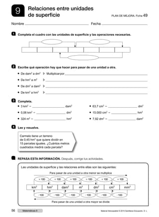 9 PLAN DE MEJORA. Ficha 49
Relaciones entre unidades
de superficie
Nombre Fecha
	 REPASA ESTA INFORMACIÓN. Después, corrige tus actividades.
Las unidades de superficie y las relaciones entre ellas son las siguientes:
1   Completa el cuadro con las unidades de superficie y las operaciones necesarias.
2   Escribe qué operación hay que hacer para pasar de una unidad a otra.
● De dam2
a dm2	
c  Multiplicarpor
● De hm2
a m2	
c 
● De dm2
a dam2	
c 
● De km2
a hm2	
c 
3   Completa.
● 3 km2
5 dam2	 ● 63,7 cm2
5 dm2
● 0,06 km2
5 dm2	 ● 15.000 cm2
5 hm2
● 324 m2
5 hm2	 ● 7,92 dm2
5 dam2
4   Lee y resuelve.
km2
hm2
dam2
m2
dm2
cm2
mm2
3100
: 100
3100
: 100
3100
: 100
3100
: 100
3100
: 100
3100
: 100
Para pasar de una unidad a otra menor se multiplica
Para pasar de una unidad a otra mayor se divide
Carmelo tiene un terreno
de 0,45 hm2
que quiere dividir en
15 parcelas iguales. ¿Cuántos metros
cuadrados medirá cada parcela?
Material fotocopiable © 2015 Santillana Educación, S. L.56 Matemáticas 6
 