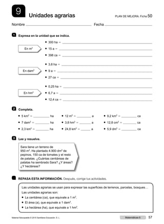 9 PLAN DE MEJORA. Ficha 50Unidades agrarias
Nombre Fecha
	 REPASA ESTA INFORMACIÓN. Después, corrige tus actividades.
Las unidades agrarias se usan para expresar las superficies de terrenos, parcelas, bosques…
Las unidades agrarias son:
● La centiárea (ca), que equivale a 1 m2
.
● El área (a), que equivale a 1 dam2
.
● La hectárea (ha), que equivale a 1 hm2
.
1   Expresa en la unidad que se indica.
	 ● 300 ha 5 
En m2
	 ● 15 a 5 
	 ● 398 ca 5 
	 ● 3,8 ha 5 
En dam2
	 ● 9 a 5 
	 ● 27 ca 5 
	 ● 0,25 ha 5 
En hm2
	 ● 6,7 a 5 
	 ● 12,4 ca 5 
2   Completa.
● 5 km2
5 ha	 ● 12 m2
5 a	 ● 9,2 km2
5 ca
● 7 dam2
5 ha	 ● 3,8 hm2
5 a	 ● 12,8 cm2
5 ca
● 2,3 km2
5 ha	 ● 24,8 km2
5 a	 ● 5,9 dm2
5 ca
3   Lee y resuelve.
Sara tiene un terreno de
950 m2
. Ha plantado 4.900 dm2
de
pepinos, 150 ca de tomates y el resto
de patatas. ¿Cuántas centiáreas de
patatas ha sembrado Sara? ¿Y áreas?
¿Y hectáreas?
Material fotocopiable © 2015 Santillana Educación, S. L. 57Matemáticas 6
 