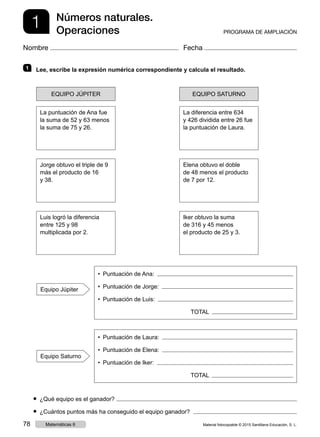 1 Números naturales.
Operaciones PROGRAMA DE AMPLIACIÓN
Nombre Fecha
1   Lee, escribe la expresión numérica correspondiente y calcula el resultado.
EQUIPO JÚPITER EQUIPO SATURNO
La puntuación de Ana fue
la suma de 52 y 63 menos
la suma de 75 y 26.
Jorge obtuvo el triple de 9
más el producto de 16
y 38.
Luis logró la diferencia
entre 125 y 98
multiplicada por 2.
•  Puntuación de Ana:  
•  Puntuación de Jorge:  
•  Puntuación de Luis:  
TOTAL  
•  Puntuación de Laura:  
•  Puntuación de Elena:  
•  Puntuación de Iker:  
TOTAL  
La diferencia entre 634
y 426 dividida entre 26 fue
la puntuación de Laura.
Elena obtuvo el doble
de 48 menos el producto
de 7 por 12.
Iker obtuvo la suma
de 316 y 45 menos
el producto de 25 y 3.
Equipo Júpiter
Equipo Saturno
● ¿Qué equipo es el ganador? 
● ¿Cuántos puntos más ha conseguido el equipo ganador? 
Material fotocopiable © 2015 Santillana Educación, S. L.78 Matemáticas 6
 