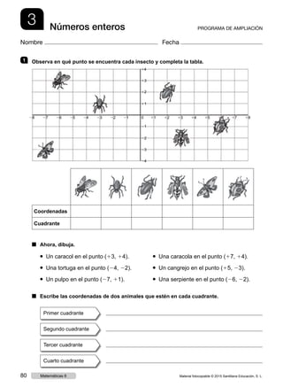 1   Observa en qué punto se encuentra cada insecto y completa la tabla.
Primer cuadrante
Tercer cuadrante
Segundo cuadrante
Cuarto cuadrante
● Un caracol en el punto (13, 14).
● Una tortuga en el punto (24, 22).
● Un pulpo en el punto (27, 11).
● Una caracola en el punto (17, 14).
● Un cangrejo en el punto (15, 23).
● Una serpiente en el punto (26, 22).
■	Escribe las coordenadas de dos animales que estén en cada cuadrante.
■	 Ahora, dibuja.
Coordenadas
Cuadrante
0
11
1128 27
24
12
1226
14
1523 1622 181721
21
1424
22
13
1325
23
3 Números enteros PROGRAMA DE AMPLIACIÓN
Nombre Fecha
Material fotocopiable © 2015 Santillana Educación, S. L.80 Matemáticas 6
 