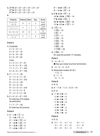 3.	276
▶ 273 27 3 27 3 27 3 27 3 27
274
▶ 273 27 3 27 3 27
275
▶ 273 27 3 27 3 27 3 27
4.	
Producto Potencia Base Exp. Se lee
3 3 3 3 3 3
3 3 3 3
35
3 5
3 a la
quinta
1 3 1 3 1 3 1 3
3 1 3 1 3 1
17
1 7
1 a la
séptima
12 3 12 3 12 123
12 3
12
al cubo
7 3 7 3 7 3 7 3
3 7 3 7
76
7 6
7 a la
sexta
Ficha 5
1.	Cuadrado:
2 3 2 5 22
5 4
4 3 4 5 42
5 16
6 3 6 5 62
5 36
8 3 8 5 82
5 64
Cubo:
3 3 3 3 3 5 33
5 27
5 3 5 3 5 5 53
5 125
7 3 7 3 7 5 73
5 343
9 3 9 3 9 5 93
5 729
2.	72
5 7 3 7 5 49
33
5 3 3 3 3 3 5 27
83
5 8 3 8 3 8 5 512
52
5 5 3 5 5 25
92
5 9 3 9 5 81
63
5 6 3 6 3 6 5 216
23
5 2 3 2 3 2 5 8
43
5 4 3 4 3 4 5 64
3.	6 3 6 3 6 5 63
5 216
En total hay 216 rodajas
de salchichón.
7 3 7 5 72
5 49
En total hay 49 canarios.
Ficha 6
1.	22
5 4 ▶ Ïw4 5 2
32
5 9 ▶ Ïw9 5 3
42
5 16 ▶ Ïw16 5 4
52
5 25 ▶ Ïw25 5 5
62
5 36 ▶ Ïw36 5 6
72
5 49 ▶ Ïw49 5 7
82
5 64 ▶ Ïw64 5 8
92
5 81 ▶ Ïw81 5 9
2.	92
▶ 81 ▶ Ïw81 5 9
142
▶ 196 ▶ Ïw196 5 14
72
▶ 49 ▶ Ïw49 5 7
222
▶ 484 ▶ Ïw484 5 22
112
▶ 121 ▶ Ïw121 5 11
3.	Ïw81 5 9
Ïw100 5 10
Ïw49 5 7
Ïw121 5 11
Ïw144 5 12
Ïw324 5 18
Ïw256 5 16
Ïw400 5 20
Ïw1.296 5 36
4.	Ïw289 5 17
En cada fila pondrán 17 macetas.
Ficha 7
1.	24; 18; 11
◼ Hay que rodear el primer termómetro.
2.	13; 22; 23; 14; 0
3.	Respuesta modelo (R. M.).
21; 0; 11
0; 11; 12
22; 21; 12
Ficha 8
1.	R. G.
2.	A: 27; B: 21; C: 13; D: 110
3.	R. G.
4.	11 ◀ 12 ▶ 13
13 ◀ 14 ▶ 15
15 ◀ 16 ▶ 17
17 ◀ 18 ▶ 19
22 ◀ 21 ▶ 0
24 ◀ 23 ▶ 22
26 ◀ 25 ▶ 24
28 ◀ 27 ▶ 26
Ficha 9
1.	R. G.
2.	14 . 22	 24 , 13	 29 , 11
25 . 29	 22 , 15	 23 . 28
16 , 18	 26 , 23	 27 , 0
Material fotocopiable © 2015 Santillana Educación, S. L. 91Matemáticas 6
 