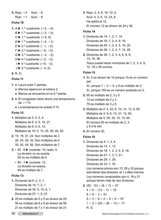3.	Rojo: 14	Azul: 26
Rojo: 11	Azul: 28
Ficha 10
1.	A ▶ 1.er
cuadrante: (15, 14).
B ▶ 1.er
cuadrante: (13, 13).
C ▶ 1.er
cuadrante: (16, 0).
D ▶ 1.er
cuadrante: (14, 11).
E ▶ 2.º cuadrante: (21, 12).
F ▶ 2.º cuadrante: (26, 13).
G ▶ 3.er
cuadrante: (22, 22).
H ▶ 4.º cuadrante: (12, 23).
I ▶ 4.º cuadrante: (16, 22).
J ▶ 2.º cuadrante: (24, 0).
2.	R. G.
Ficha 11
1.	●  Laura sube 7 plantas.
●  Marcos aparca en el sótano 2.
●  Blanca se encuentra en la 5.ª planta.
2.	●  El congelador tiene ahora una temperatura
de 11 ºC.
●  La temperatura ha subido 5 ºC.
Ficha 12
1.	Múltiplos de 2: 0, 2, 4.
	 Múltiplos de 9: 0, 9, 18, 27.
	 Múltiplos de 6: 0, 6, 12.
	 Múltiplos de 10: 0, 10, 20, 30, 40, 50.
2.	15, 18, 21, 24. Son múltiplos de 3.
	 20, 24, 28, 32. Son múltiplos de 4.
	 35, 42, 49, 56. Son múltiplos de 7.
3.	•  65 : 6 ▶ cociente: 10; resto: 5.
La división no es exacta.
65 no es múltiplo de 6.
	 •  84 : 7 ▶ cociente: 12.
La división es exacta.
84 es múltiplo de 7.
Ficha 13
1.	Divisores de 6: 2, 3, 1.
	 Divisores de 14: 7, 2, 1.
	 Divisores de 30: 5, 10, 6, 1.
	 Divisores de 27: 1, 9, 27.
2.	20 es múltiplo de 5 y 5 es divisor de 20.
	 56 es múltiplo de 8 y 8 es divisor de 56.
	 21 es múltiplo de 7 y 7 es divisor de 21.
3.	Rojo: 2, 4, 6, 18, 12, 9.
	 Azul: 4, 3, 6, 12, 24, 8.
	 Ha salido el 12.
	 El número 12 es divisor de 24 y 36.
Ficha 14
1.	Divisores de 14: 1, 2, 7, 14.
	 Divisores de 16: 1, 2, 4, 8, 16.
	 Divisores de 20: 1, 2, 4, 5, 10, 20.
	 Divisores de 28: 1, 2, 4, 7, 14, 28.
2.	Divisores de 36: 1, 2, 3, 4, 6, 8, 9,
12, 18, 36.
	 Yaiza puede hacer montones de 1, 2, 3, 4, 9,
12, 18 o 36 cromos.
Ficha 15
1.	Sí, 2 es divisor de 10 porque 10 es un número
par.
	 Sí, porque 7 1 2 5 9, y 9 es múltiplo de 3.
	 Sí, porque 165 es un número acabado en 5.
2.	60 es múltiplo de 2, 3 y 5.
	 12 es múltiplo de 2 y 3.
	 75 es múltiplo de 3 y 5.
3.	Múltiplos de 2: 4, 22, 6, 10, 14, 12, 8, 60.
	 Múltiplos de 3: 9, 6, 15, 21, 12, 60.
	 Múltiplos de 5: 25, 35, 10, 15, 60.
	 El número 60 es múltiplo de 2, 3
y 5 a la vez.
4.	El número 30.
Ficha 16
1.	Divisores de 4: 1, 2, 4.
	 Divisores de 13: 1, 13.
	 Divisores de 18: 1, 2, 3, 6, 9, 18.
	 Divisores de 21: 1, 3, 7, 21.
	 Divisores de 29: 1, 29.
	 Divisores de 33: 1, 33.
	 Los números primos son 13, 29 y 33 porque
solo tienen dos divisores: el 1 y ellos mismos.
	 Los números compuestos son 4, 18 y 21
porque tienen más de dos divisores.
2.	(50 : 10) 1 (6 3 7) 5 47
	4 3 6 2 (12 2 7) 5 19
	8 3 8 2 3 5 61
	 9 3 3 1 8 3 2 1 9 3 6 5 97
	1 1 2 3 (20 1 26 2 11) 5 71
	 R. G.
Material fotocopiable © 2015 Santillana Educación, S. L.92 Matemáticas 6
 