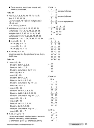 ◼ Estos números son primos porque solo
tienen dos divisores.
Ficha 17
1.	Rojo: 0, 2, 4, 6, 8, 10, 12, 14, 16, 18, 20.
	 Azul: 0, 5, 10, 15, 20.
	 Los números 0, 10 y 20 son múltiplos de 2
y 5 a la vez.
	 El m.c.m. (2 y 5) es 10.
2.	Múltiplos de 3: 0, 3, 6, 9, 12, 15, 18, 21.
	 Múltiplos de 4: 0, 4, 8, 12, 16, 20, 24, 28.
	 Múltiplos de 6: 0, 6, 12, 18, 24, 30, 36, 42.
	 Múltiplos de 9: 0, 9, 18, 27, 36, 45, 54, 63.
	 Múltiplos de 12: 0, 12, 24, 36, 48, 60, 72, 84.
	 ◼ m.c.m. (3 y 6) 5 6
m.c.m. (4 y 6) 5 12
m.c.m. (6 y 9) 5 18
m.c.m. (3 y 12) 5 12
3.	m.c.m. (4 y 5) 5 20
	 Volverá a regar las dos plantas a la vez dentro
de 20 días.
Ficha 18
1.	•  m.c.d. (6 y 9)
		 Divisores de 6: 1, 2, 3, 6.
		 Divisores de 9: 1, 3, 9.
		 Divisores comunes de 6 y 9: 1, 3.
		 m.c.d. (6 y 9) 5 3
	 •  m.c.d. (4 y 10)
		 Divisores de 4: 1, 2, 4.
		 Divisores de 10: 1, 2, 5, 10.
		 Divisores comunes de 4 y 10: 1, 2.
		 m.c.d. (4 y 10) 5 2
	 •  m.c.d. (16 y 20)
		 Divisores de 16: 1, 2, 4, 8, 16.
		 Divisores de 20: 1, 2, 4, 5, 10, 20.
		 Divisores comunes de 16 y 20: 1, 2, 4.
		 m.c.d. (16 y 20) 5 4
	 •  m.c.d. (21 y 49)
		 Divisores de 21: 1, 3, 7, 21.
		 Divisores de 49: 1, 7, 49.
		 Divisores comunes de 21 y 49: 1, 7.
		 m.c.d. (21 y 49) 5 7
2.	m.c.d. (16 y 24) 5 8
	 Leire puede hacer 8 sándwiches con la misma
cantidad de queso y jamón cada uno
(2 lonchas de queso y 3 lonchas de jamón).
Ficha 19
1.	
1
3
y
2
6
son equivalentes.
	
1
5
y
2
10
son equivalentes.
	
2
6
y
4
12
no son equivalentes.
2.	
3
7
▶
12
28
,
9
21
,
15
35
	
5
6
▶
30
36
,
40
48
3.	R. M.
	
2
6
,
3
9
,
4
12
	
18
30
,
27
45
,
36
60
	
28
36
,
42
54
,
56
72
	
20
40
,
30
60
,
40
80
4.	
12
48
	
21
36
Ficha 20
1.	R. M.
	
4
10
y
6
15
	
6
14
y
9
21
	
2
18
y
3
27
	
14
24
y
21
36
	
30
60
y
45
90
2.	R. M.
	
8
12
y
4
6
	
6
14
y
3
7
Material fotocopiable © 2015 Santillana Educación, S. L. 93Matemáticas 6
 