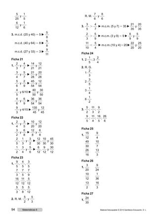 5
25
y
1
5
	
6
12
y
1
6
3.	m.c.d. (25 y 40) 5 5 ▶
5
8
	 m.c.d. (40 y 64) 5 8 ▶
5
8
	 m.c.d. (27 y 33) 5 3 ▶
9
11
Ficha 21
1.	
2
3
y
4
7
▶
14
21
y
12
21
	
3
4
y
5
7
▶
21
28
y
20
28
	
5
6
y
2
9
▶
45
54
y
12
54
	
4
5
y 6/10 ▶
40
50
y
30
50
	
4
6
y
6
9
▶
36
54
y
36
54
	
9
3
y 4/15 ▶
135
45
y
12
45
Ficha 22
1.	
2
4
y
3
5
▶
10
20
y
12
20
	
3
2
y
6
8
▶
12
8
y
6
8
	
2
5
,
1
3
y
3
2
▶
12
30
,
10
30
y
45
30
	
1
2
,
3
4
y
5
6
▶
6
12
,
9
12
y
30
12
Ficha 23
1.	
9
5
,
4
5
,
3
5
	
7
3
,
7
5
,
7
9
	
16
12
,
11
12
,
5
12
	
5
3
,
5
8
,
5
12
2.	R. M.
5
2
y
5
3
	 R. M.
7
6
y
8
6
3.	
3
5
.
4
7
▶ m.c.m. (5 y 7) 5 35 ▶
21
35
y
20
35
	
2
3
.
5
9
▶ m.c.m. (3 y 9) 5 9 ▶
6
9
y
5
9
	
11
10
,
5
4
▶ m.c.m. (10 y 4) 5 20 ▶ 
22
20
y
25
20
Ficha 24
1.	2
1
5
; 3
2
4
2.	R. G.
	1
2
3
	2
3
5
	3
1
4
	6
1
2
3.	
5
2
;
11
3
;
9
2
	
9
5
;
11
4
;
16
5
;
26
6
Ficha 25
1.	
15
12
  
9
4
	
49
30
  
10
7
	
26
16
  
13
3
Ficha 26
1.	
3
20
  
9
24
	
10
12
  
1
36
	
13
2
  
16
3
Ficha 27
1.	
24
35
Material fotocopiable © 2015 Santillana Educación, S. L.94 Matemáticas 6
 