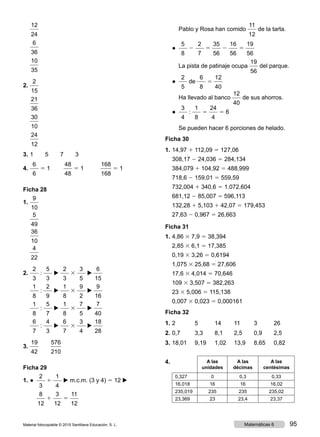 12
24
	
6
36
	
10
35
2.	
2
15
	
21
36
	
30
10
	
24
12
3.	1    5    7    3
4.	
6
6
5 1   
48
48
5 1	
168
168
5 1
Ficha 28
1.	
9
10
	
5
49
	
36
10
	
4
22
2.	
2
3
:
5
3
▶
2
3
3
3
5
▶
6
15
	
1
8
:
2
9
▶
1
8
3
9
2
▶
9
16
	
1
8
:
5
7
▶
1
8
3
7
5
▶
7
40
	
6
7
:
4
3
▶
6
7
3
3
4
▶
18
28
3.	
19
42
  
576
210
Ficha 29
1.	● 
2
3
1
1
4
▶ m.c.m. (3 y 4) 5 12 ▶
		     
8
12
1
3
12
5
11
12
			Pablo y Rosa han comido
11
12
de la tarta.
	 ● 
5
8
2
2
7
5
35
56
2
16
56
5
19
56
			La pista de patinaje ocupa
19
56
del parque.
	 ● 
2
5
de
6
8
5
12
40
			Ha llevado al banco
12
40
de sus ahorros.
	 ● 
3
4
:
1
8
5
24
4
5 6
			 Se pueden hacer 6 porciones de helado.
Ficha 30
1.	14,97 1 112,09 5 127,06
	308,17 2 24,036 5 284,134
	384,079 1 104,92 5 488,999
	718,6 2 159,01 5 559,59
	732,004 1 340,6 5 1.072,604
	681,12 2 85,007 5 596,113
	132,28 1 5,103 1 42,07 5 179,453
	27,63 2 0,967 5 26,663
Ficha 31
1.	4,86 3 7,9 5 38,394
	2,85 3 6,1 5 17,385
	0,19 3 3,26 5 0,6194
	1,075 3 25,68 5 27,606
	17,6 3 4,014 5 70,646
	109 3 3,507 5 382,263
	23 3 5,006 5 115,138
	0,007 3 0,023 5 0,000161
Ficha 32
1.	2	 5	14	11	3	26
2.	0,7	 3,3	8,1 	2,5	0,9	2,5
3.	18,01	9,19	1,02	13,9	8,65	0,82
4.	 A las
unidades
A las
décimas
A las
centésimas
0,327 0 0,3 0,33
16,018 16 16 16,02
235,019 235 235 235,02
23,369 23 23,4 23,37
Material fotocopiable © 2015 Santillana Educación, S. L. 95Matemáticas 6
 