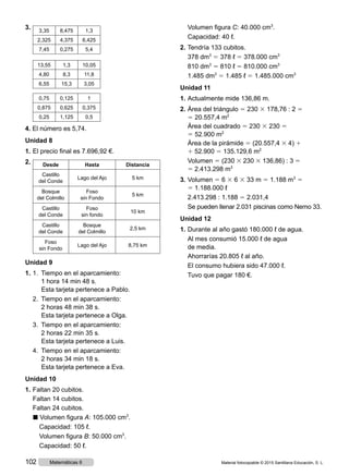 3.	 3,35 8,475 1,3
2,325 4,375 6,425
7,45 0,275 5,4
	 13,55 1,3 10,05
4,80 8,3 11,8
6,55 15,3 3,05
0,75 0,125 1
0,875 0,625 0,375
0,25 1,125 0,5
4. El número es 5,74.
Unidad 8
1.	El precio final es 7.696,92 €.
2.	 Desde Hasta Distancia
Castillo
del Conde
Lago del Ajo 5 km
Bosque
del Colmillo
Foso
sin Fondo
5 km
Castillo
del Conde
Foso
sin fondo
10 km
Castillo
del Conde
Bosque
del Colmillo
2,5 km
Foso
sin Fondo
Lago del Ajo 8,75 km
Unidad 9
1.	1. Tiempo en el aparcamiento:
1 hora 14 min 48 s.
	   Esta tarjeta pertenece a Pablo.
	 2. Tiempo en el aparcamiento:
2 horas 48 min 38 s.
	   Esta tarjeta pertenece a Olga.
	 3. Tiempo en el aparcamiento:
2 horas 22 min 35 s.
	   Esta tarjeta pertenece a Luis.
	 4. Tiempo en el aparcamiento:
2 horas 34 min 18 s.
	   Esta tarjeta pertenece a Eva.
Unidad 10
1.	Faltan 20 cubitos.
	 Faltan 14 cubitos.
	 Faltan 24 cubitos.
	 ◼ Volumen figura A: 105.000 cm3
.
		 Capacidad: 105 ℓ.
		 Volumen figura B: 50.000 cm3
.
		 Capacidad: 50 ℓ.
	 Volumen figura C: 40.000 cm3
.
	 Capacidad: 40 ℓ.
2.	Tendría 133 cubitos.
	 378 dm3
5 378 ℓ 5 378.000 cm3
	 810 dm3
5 810 ℓ 5 810.000 cm3
	 1.485 dm3
5 1.485 ℓ 5 1.485.000 cm3
Unidad 11
1.	Actualmente mide 136,86 m.
2.	Área del triángulo 5 230 3 178,76 : 2 5
5 20.557,4 m2
	 Área del cuadrado 5 230 3 230 5
5 52.900 m2
	 Área de la pirámide 5 (20.557,4 3 4) 1
1 52.900 5 135.129,6 m2
	Volumen 5 (230 3 230 3 136,86) : 3 5
5 2.413.298 m3
3.	Volumen 5 6 3 6 3 33 m 5 1.188 m3
5
5 1.188.000 ℓ
	 2.413.298 : 1.188 5 2.031,4
	 Se pueden llenar 2.031 piscinas como Nemo 33.
Unidad 12
1.	Durante al año gastó 180.000 ℓ de agua.
	 Al mes consumió 15.000 ℓ de agua
de media.
	 Ahorrarías 20.805 ℓ al año.
	 El consumo hubiera sido 47.000 ℓ.
	 Tuvo que pagar 180 €.
Material fotocopiable © 2015 Santillana Educación, S. L.102 Matemáticas 6
 