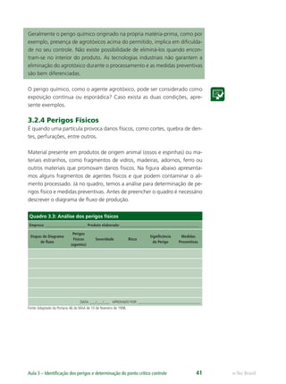 e-Tec BrasilAula 3 – Identiﬁcação dos perigos e determinação do ponto crítico controle 41
Geralmente o perigo químico originado na própria matéria-prima, como por
exemplo, presença de agrotóxicos acima do permitido, implica em diﬁculda-
de no seu controle. Não existe possibilidade de eliminá-los quando encon-
tram-se no interior do produto. As tecnologias industriais não garantem a
eliminação do agrotóxico durante o processamento e as medidas preventivas
são bem diferenciadas.
O perigo químico, como o agente agrotóxico, pode ser considerado como
exposição contínua ou esporádica? Caso exista as duas condições, apre-
sente exemplos.
3.2.4 Perigos Físicos
É quando uma partícula provoca danos físicos, como cortes, quebra de den-
tes, perfurações, entre outros.
Material presente em produtos de origem animal (ossos e espinhas) ou ma-
teriais estranhos, como fragmentos de vidros, madeiras, adornos, ferro ou
outros materiais que promovam danos físicos. Na ﬁgura abaixo apresenta-
mos alguns fragmentos de agentes físicos e que podem contaminar o ali-
mento processado. Já no quadro, temos a análise para determinação de pe-
rigos físico e medidas preventivas. Antes de preencher o quadro é necessário
descrever o diagrama de ﬂuxo de produção.
Quadro 3.3: Análise dos perigos físicos
Empresa: _____________________ Produto elaborado: ________________________________________
Etapas do Diagrama
de ﬂuxo
Perigos
Físicos
(agentes)
Severidade Risco
Signiﬁcância
do Perigo
Medidas
Preventivas
DATA: ___/___/___ APROVADO POR: ________________________________
Fonte:Adaptado da Portaria 46 do MAA de 10 de fevereiro de 1998.
 