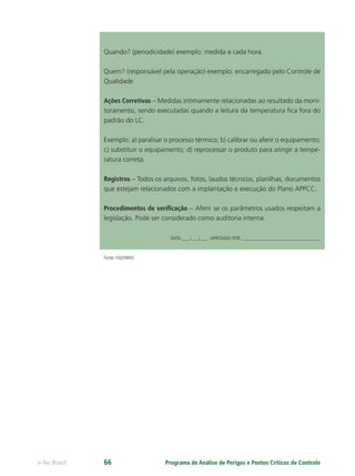 Programa de Análise de Perigos e Pontos Críticos de Controlee-Tec Brasil 66
Quando? (periodicidade) exemplo: medida a cada hora.
Quem? (responsável pela operação) exemplo: encarregado pelo Controle de
Qualidade
Ações Corretivas – Medidas intimamente relacionadas ao resultado da moni-
toramento, sendo executadas quando a leitura da temperatura ﬁca fora do
padrão do LC.
Exemplo: a) paralisar o processo térmico; b) calibrar ou aferir o equipamento;
c) substituir o equipamento; d) reprocessar o produto para atingir a tempe-
ratura correta.
Registros – Todos os arquivos, fotos, laudos técnicos, planilhas, documentos
que estejam relacionados com a implantação e execução do Plano APPCC.
Procedimentos de veriﬁcação – Aferir se os parâmetros usados respeitam a
legislação. Pode ser considerado como auditoria interna.
DATA: ___/___/___ APROVADO POR: ________________________________
Fonte: FAO/WHO
 