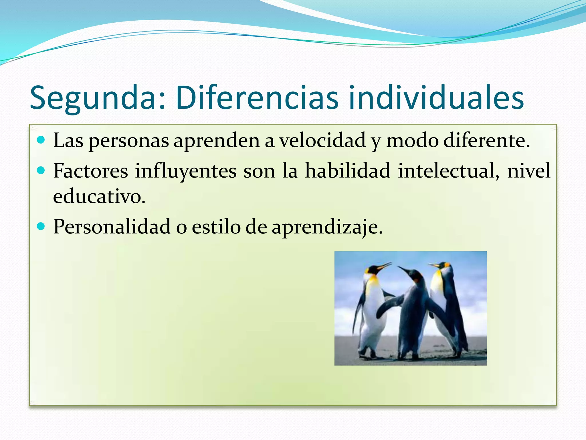 Segunda: Diferencias individuales
 Las personas aprenden a velocidad y modo diferente.
 Factores influyentes son la habilidad intelectual, nivel
  educativo.
 Personalidad o estilo de aprendizaje.
 