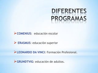COMENIUS: educación escolar
ERASMUS: educación superior
LEONARDO DA VINCI: Formación Profesional.
GRUNDTVIG: educación de adultos.