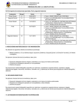 DESARROLLO CURRICULARUNIVERSIDAD MAYOR REAL Y PONTIFICIA DE
SAN FRANCISCO XAVIER DE CHUQUISACA
PROGRAMA DE LA ASIGNATURA
8.2 Cronograma de evaluaciones (parciales, final y segunda instancia)
Evaluacion Grupo Fecha Temas
Primer Parcial A 29-04-2015 Tema 1: BASE CONCEPTUAL CONTABLE
Segundo Parcial A 31-07-2015 Tema 2: LA CONTABILIDAD Y SU ALCANCE EN EL
SECTOR PÚBLICO.
Tercer Parcial A 15-10-2015 Tema 3: EL SISTEMA DE CONTABILIDAD INTEGRADA
(FINANCIERA, PRESUPUESTO Y TESORERÍA).
Tema 4: MODELOS DE APLICACIÓN
Final A 30-10-2015 Tema 1: BASE CONCEPTUAL CONTABLE
Tema 2: LA CONTABILIDAD Y SU ALCANCE EN EL
SECTOR PÚBLICO.
Tema 3: EL SISTEMA DE CONTABILIDAD INTEGRADA
(FINANCIERA, PRESUPUESTO Y TESORERÍA).
Tema 4: MODELOS DE APLICACIÓN
Segunda Instancia A 12-11-2015 Tema 1: BASE CONCEPTUAL CONTABLE
Tema 2: LA CONTABILIDAD Y SU ALCANCE EN EL
SECTOR PÚBLICO.
Tema 3: EL SISTEMA DE CONTABILIDAD INTEGRADA
(FINANCIERA, PRESUPUESTO Y TESORERÍA).
Tema 4: MODELOS DE APLICACIÓN
9. INDICACIONES METODOLÓGICAS Y DE ORGANIZACIÓN
Se utilizarán los siguientes métodos de enseñanza aprendizaje:
Método problémico, en sus distintas etapas: exposición problémica, búsqueda parcial, conversación heurística y el método
investigativo.
Se aplicaran diversas técnicas de enseñanza, tales como:
Exposición dialogada de forma integral y sistemática con el apoyo de medios audiovisuales.
Proyectos de investigación aplicados en municipalidades
Dinámica de grupos
Se proporcionará material bibliográfico específico por cada tema, consistente en aspectos teóricos, operativos y legales
(disposiciones legales, instructivos, formularios, manuales, etc.), y referencias de internet para búsqueda de material bibliográfico
adicional.
10. RECURSOS DIDÁCTICOS
Se aplicaran diversas técnicas de enseñanza, tales como:
Exposición dialogada de forma integral y sistemática con el apoyo de medios audiovisuales.
Proyectos de investigación aplicados en municipalidades u otras entidades
Dinámica de grupos
Se proporcionará material bibliográfico específico por cada tema, consistente en aspectos teóricos, operativos y legales
(disposiciones legales, instructivos, formularios, manuales, etc.), y referencias de internet para búsqueda de material bibliográfico
adicional.
11. ACTIVIDADES DE INVESTIGACIÓN Y/O INTERACCIÓN
Pág. 5/6
 