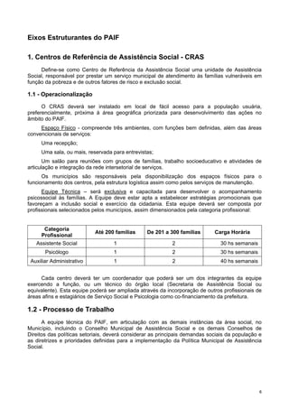 66
Eixos Estruturantes do PAIF
1. Centros de Referência de Assistência Social - CRAS
Define-se como Centro de Referência da Assistência Social uma unidade de Assistência
Social, responsável por prestar um serviço municipal de atendimento às famílias vulneráveis em
função da pobreza e de outros fatores de risco e exclusão social.
1.1 - Operacionalização
O CRAS deverá ser instalado em local de fácil acesso para a população usuária,
preferencialmente, próxima à área geográfica priorizada para desenvolvimento das ações no
âmbito do PAIF.
Espaço Físico - compreende três ambientes, com funções bem definidas, além das áreas
convencionais de serviços:
Uma recepção;
Uma sala, ou mais, reservada para entrevistas;
Um salão para reuniões com grupos de famílias, trabalho socioeducativo e atividades de
articulação e integração da rede intersetorial de serviços.
Os municípios são responsáveis pela disponibilização dos espaços físicos para o
funcionamento dos centros, pela estrutura logística assim como pelos serviços de manutenção.
Equipe Técnica – será exclusiva e capacitada para desenvolver o acompanhamento
psicossocial às famílias. A Equipe deve estar apta a estabelecer estratégias promocionais que
favoreçam a inclusão social e exercício da cidadania. Esta equipe deverá ser composta por
profissionais selecionados pelos municípios, assim dimensionados pela categoria profissional:
Categoria
Profissional
Até 200 famílias De 201 a 300 famílias Carga Horária
Assistente Social 1 2 30 hs semanais
Psicólogo 1 2 30 hs semanais
Auxiliar Administrativo 1 2 40 hs semanais
Cada centro deverá ter um coordenador que poderá ser um dos integrantes da equipe
exercendo a função, ou um técnico do órgão local (Secretaria de Assistência Social ou
equivalente). Esta equipe poderá ser ampliada através da incorporação de outros profissionais de
áreas afins e estagiários de Serviço Social e Psicologia como co-financiamento da prefeitura.
1.2 - Processo de Trabalho
A equipe técnica do PAIF, em articulação com as demais instâncias da área social, no
Município, incluindo o Conselho Municipal de Assistência Social e os demais Conselhos de
Direitos das políticas setoriais, deverá considerar as principais demandas sociais da população e
as diretrizes e prioridades definidas para a implementação da Política Municipal de Assistência
Social.
 