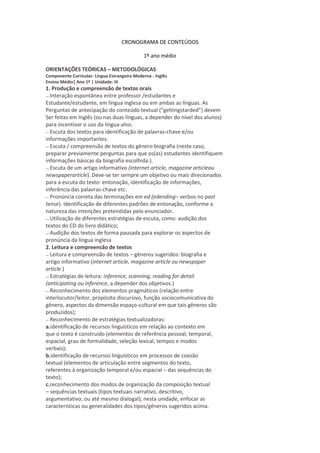 CRONOGRAMA DE CONTEÚDOS
1º ano médio
ORIENTAÇÕES TEÓRICAS – METODOLÓGICAS
Componente Curricular: Língua Estrangeira Moderna - Inglês
Ensino Médio| Ano 1º | Unidade: III
1. Produção e compreensão de textos orais
— Interação espontânea entre professor /estudantes e
Estudante/estudante, em língua inglesa ou em ambas as línguas. As
Perguntas de antecipação do conteúdo textual (“gettingstarded”) devem
Ser feitas em Inglês (ou nas duas línguas, a depender do nível dos alunos)
para incentivar o uso da língua-alvo.
— Escuta dos textos para identificação de palavras-chave e/ou
informações importantes.
— Escuta / compreensão de textos do gênero biografia (neste caso,
preparar previamente perguntas para que os(as) estudantes identifiquem
informações básicas da biografia escolhida.).
— Escuta de um artigo informativo (internet article, magazine articleou
newspaperarticle). Deve-se ter sempre um objetivo ou mais direcionados
para a escuta do texto: entonação, identificação de informações,
inferência das palavras-chave etc.
— Pronúncia correta das terminações em ed (edending– verbos no past
tense). Identificação de diferentes padrões de entonação, conforme a
natureza das intenções pretendidas pelo enunciador.
— Utilização de diferentes estratégias de escuta, como: audição dos
textos do CD do livro didático;
— Audição dos textos de forma pausada para explorar os aspectos de
pronúncia da língua inglesa
2. Leitura e compreensão de textos
— Leitura e compreensão de textos – gêneros sugeridos: biografia e
artigo informativo (internet article, magazine article ou newspaper
article.)
— Estratégias de leitura: inference, scanning, reading for detail
(anticipating ou inference, a depender dos objetivos.)
— Reconhecimento dos elementos pragmáticos (relação entre
interlocutor/leitor, propósito discursivo, função sociocomunicativa do
gênero, aspectos da dimensão espaço-cultural em que tais gêneros são
produzidos);
— Reconhecimento de estratégias textualizadoras:
a.identificação de recursos linguísticos em relação ao contexto em
que o texto é construído (elementos de referência pessoal, temporal,
espacial, grau de formalidade, seleção lexical, tempos e modos
verbais);
b.identificação de recursos linguísticos em processos de coesão
textual (elementos de articulação entre segmentos do texto,
referentes à organização temporal e/ou espacial – das sequências do
texto);
c.reconhecimento dos modos de organização da composição textual
– sequências textuais (tipos textuais narrativo, descritivo,
argumentativo, ou até mesmo dialogal); nesta unidade, enfocar as
características ou generalidades dos tipos/gêneros sugeridos acima.
 